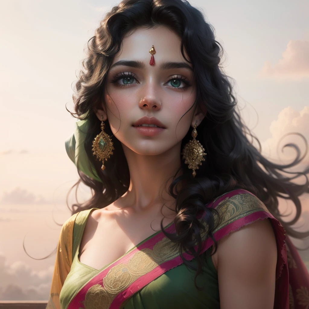 A long black haired realistic girl in beautiful green saree with a white sky