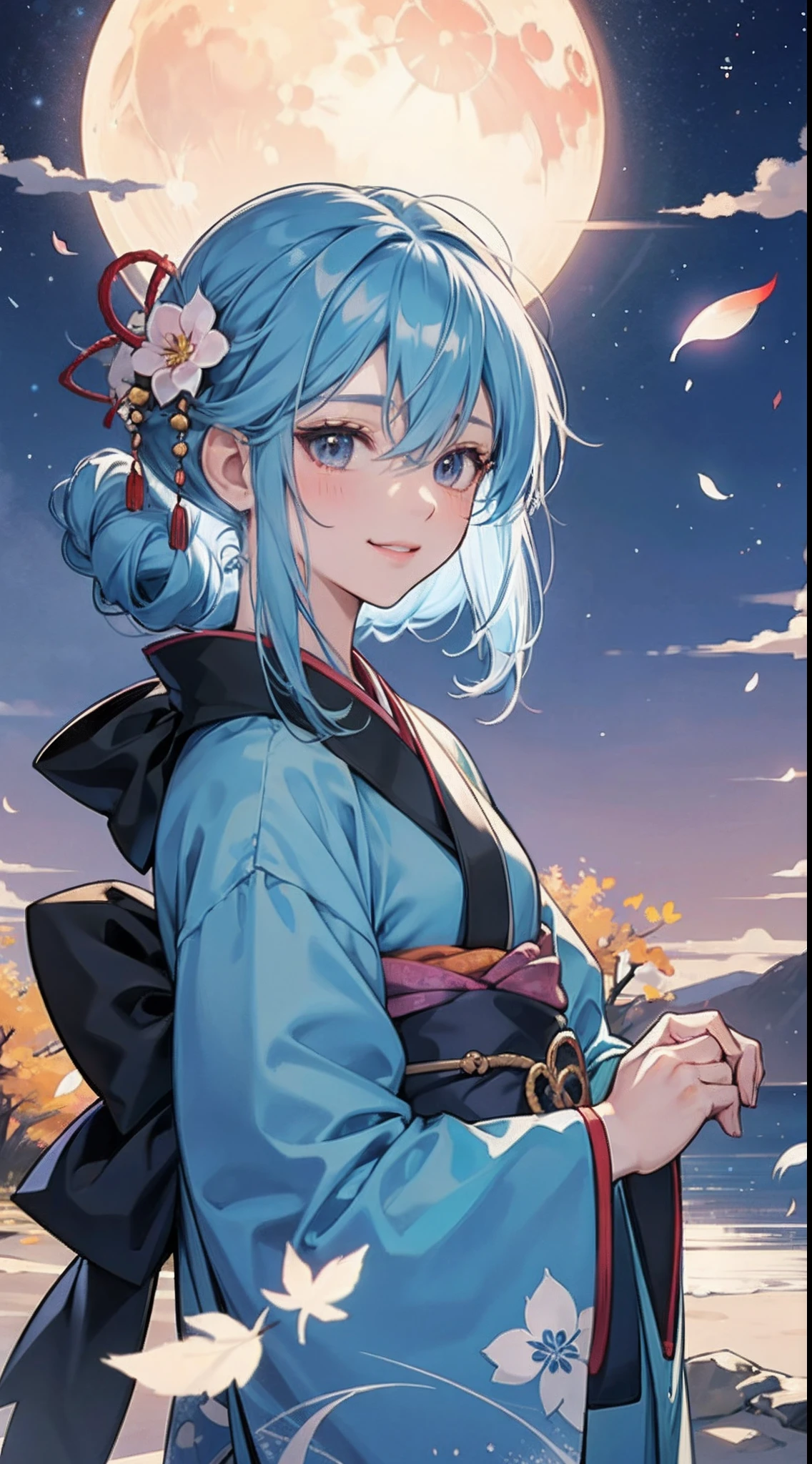 Beautiful girl alone、Sky blue hair、Long、animesque、a smile、Black eyes、独奏、Kimono、lonely、Colored leaves、natta、a moon