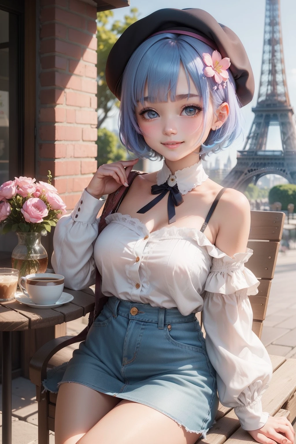 1girl,chibi,cute, smile, sourire,flower, outdoors, assise, Coffee Terrace, beret, coffee table,blush, (tour Eiffel), white shirt, décolleté , petit seins, short hair, cherry blossoms, blurry, blue hair, blush stickers, long sleeves, bangs, blue hair, pink flower,(beautiful detailed face), (beautiful detailed eyes),nfsw
