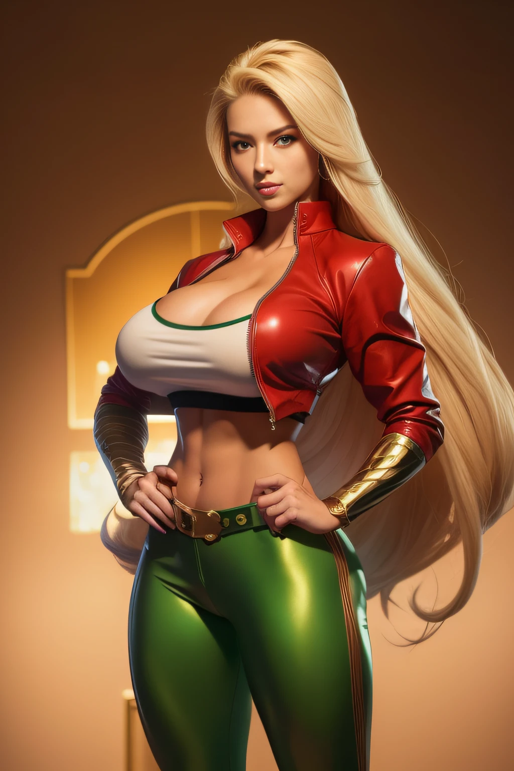 1 Characters from Alafe's fighting game、Big breasts about to burst、thin and long legs,、a blond、Fitness Model、musculature、abdominals、Metallic Red Jacket、Long pants in metallic green、a belt、Five-fingered、Class Chapters、decoration、glistning skin、Cool smile、Pose ready to fight