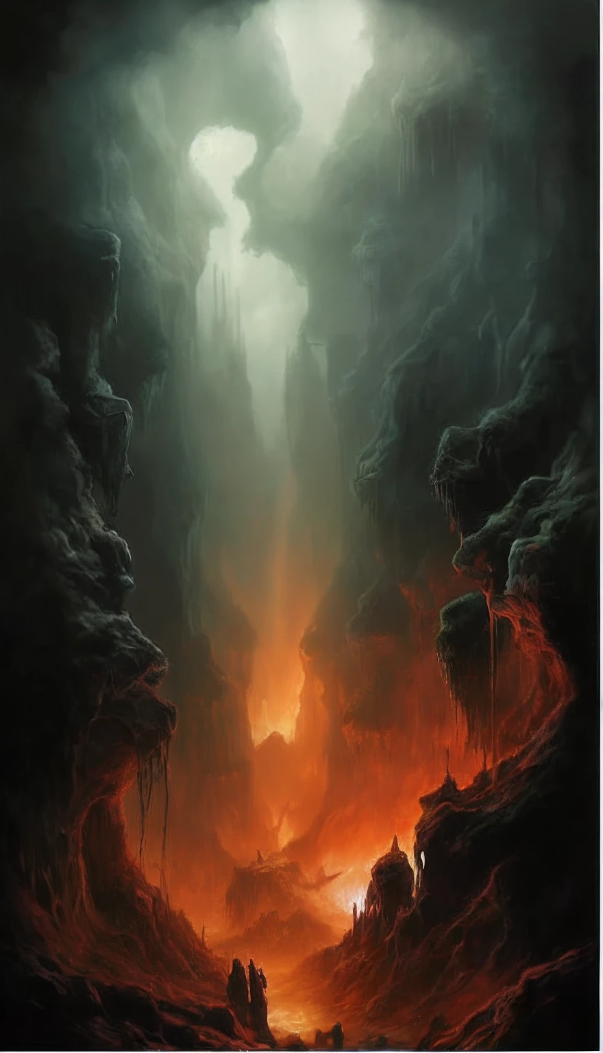 a painting of a man sitting on a rock in a cave, hell scape, mouth of hell, beksinski and dan mumford, fantasy horror art, an ominous fantasy illustration, dark fantasy horror art, high detailed beksinski painting, highly detailed beksinski art, hell background, grimdark matte fantasy painting, with inspiration from beksinski, horror fantasy art ，Surrealism, high detail, UHD