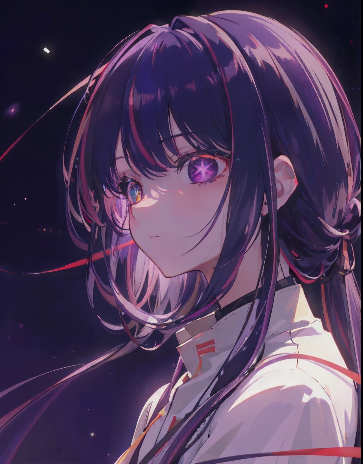 {{巨作}}, Best Quality, highly detailed CG Unity 8k wallpaper, cinematic lighting, lens flare, beautiful detail eyes, Black, Side view, multicolored hair, Colored light, particles, heterochromia, (Colored:1.5), (Purple hair:1.5),