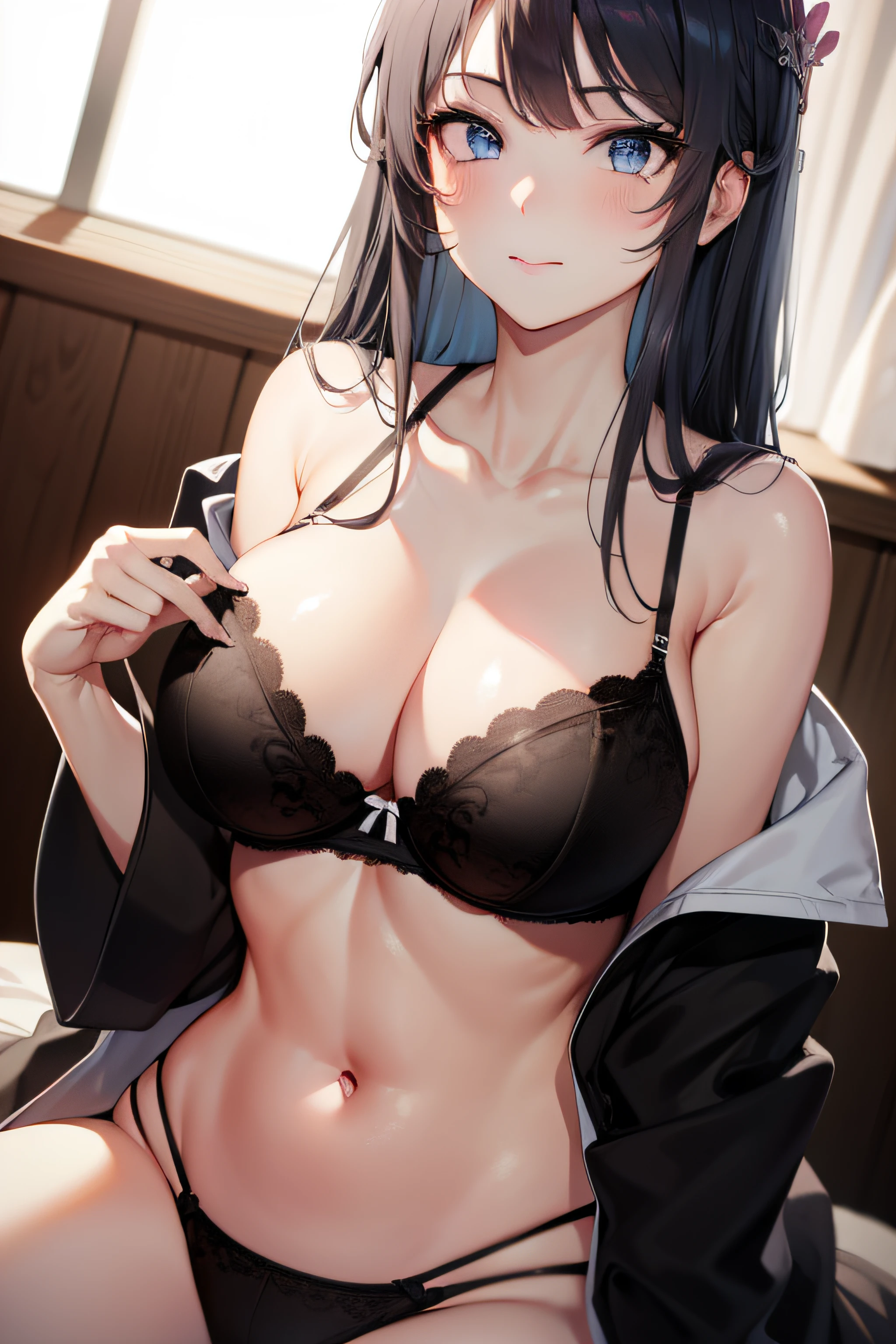 ((masterpiece, best quality, highres, UHD, perfect pixel)), Sakurajima mai, long hair, bangs, black hair, ((smooth texture:0.8, realistic texture:0.8)), ((medium breasts, cleavage)), bedroom, busty, perfect body, ((detailed eyes, beautiful anime eyes, multicolor eyes)), blushing, ((bra, lingerie)), natural light, ((perfect hand, beautiful fingers)), looking to viewer