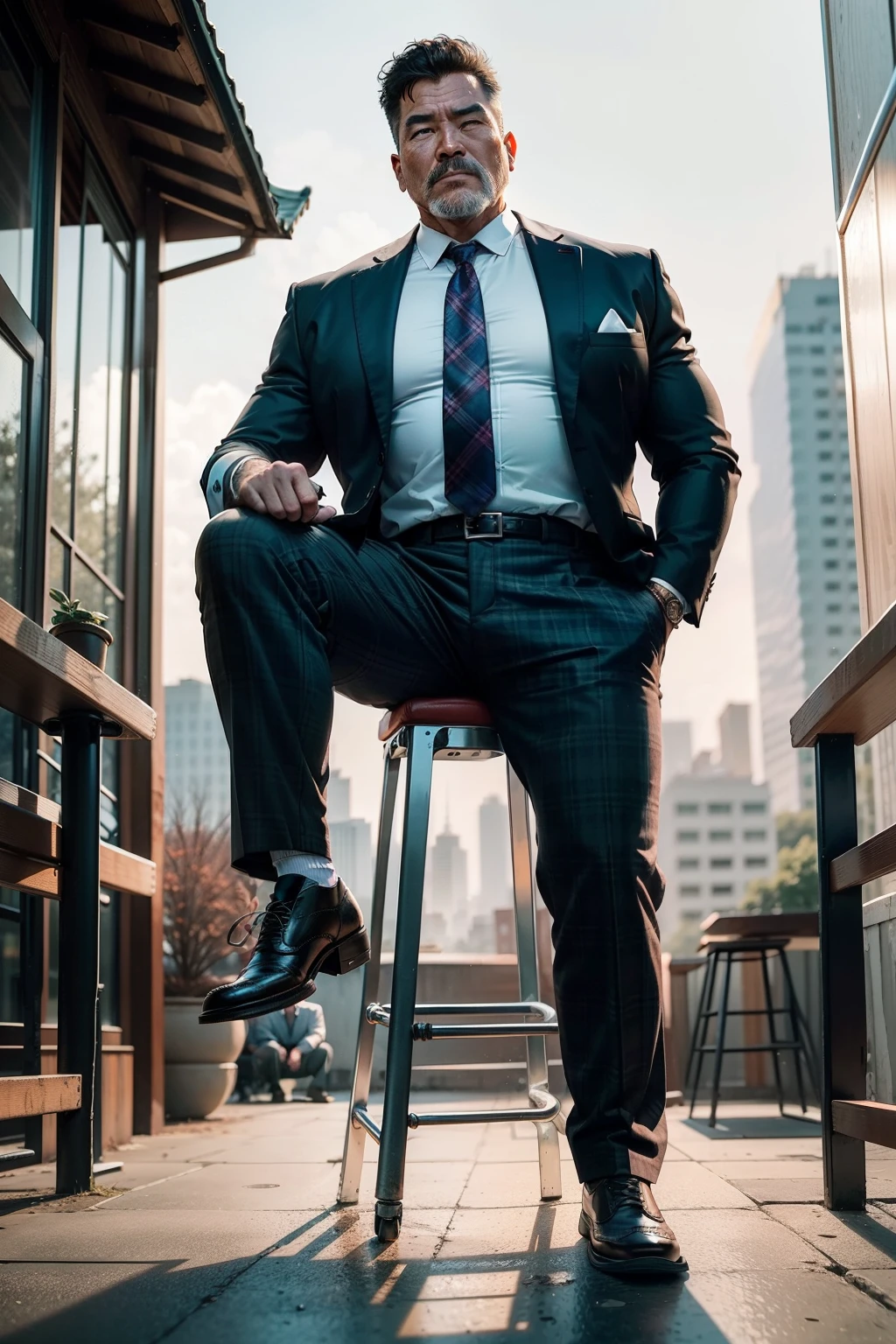 55-year-old middle-aged man，Man，grampa，Height 195，Asian people，Stand on a chair with both feet，God perspective，The eyes are about to face each other，Chinese men，musculature，Lift one foot，Wear a fluorescent green suit，Red plaid tie，Black socks，White Oxford shoes，Cord，Chains，Ferocious and ferocious，The background is outdoors，Holding a steel pipe in his hand