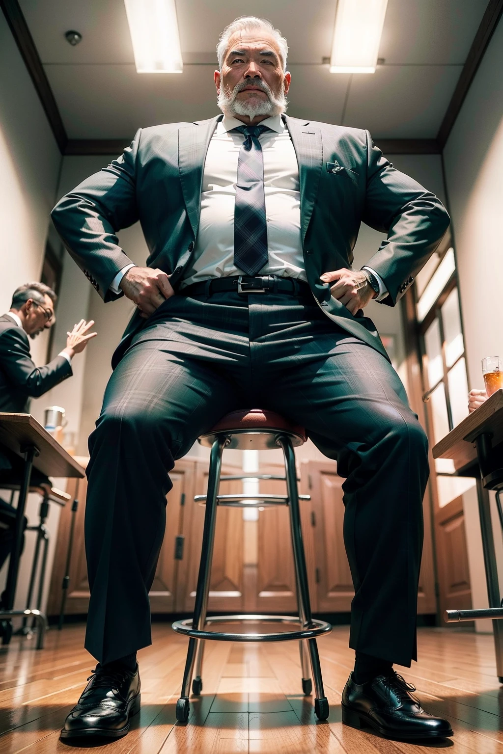 55-year-old middle-aged man,Man,grampa,Height 195,Asian people,Stand on a chair with both feet,God perspective,The eyes are about to face each other,Chinese men,musculature,Lift one foot,Wear a fluorescent green suit,Red plaid tie,Black socks,White Oxford shoes,Cord,Chains,Ferocious and ferocious,The background is outdoors,Holding a steel pipe in his hand