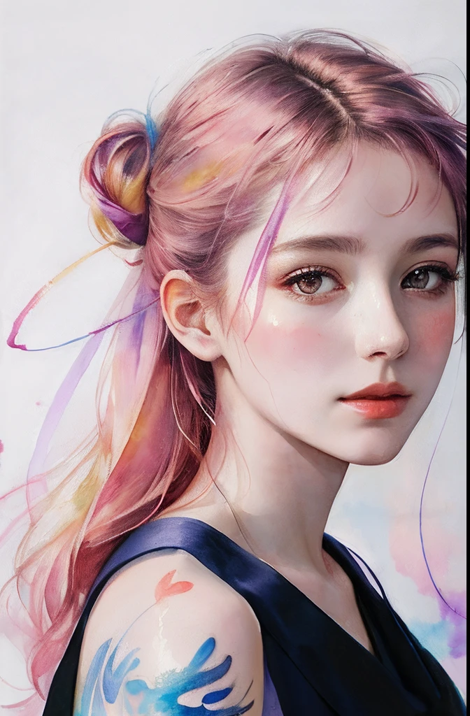 (8k, best quality, masterpiece:1.2),(best quality:1.0), (ultra highres:1.0), watercolor, a beautiful woman, shoulder, hair ribbons, by agnes cecile, half body portrait, extremely luminous bright design, pastel colors, (ink:1.3), autumn lights,
