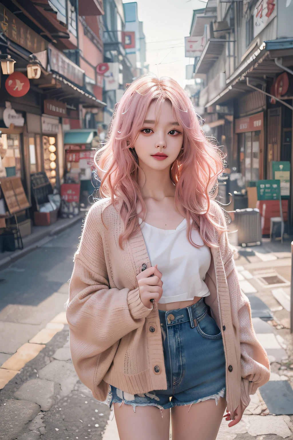 (8K, top-quality, masterpiece:1.2), (realistic, photorealistic:1.37), (super detail), (one girl), (highly detailed), (beautifully detailed eyes), (of the highest quality), (super detailed), (masterpiece), (detailed face), (20yr old), (pink hair, long hair:1.5), (medium breasts), (clothed), (perfect lighting), BREAK, (casual chic:1.2), (neutral palette:1.3), (beige accent:1.2), (soft denim:1.4), (linen material:1.3), (oversized shirt jacket:1.5), (white tank top:1.2), (loose crewneck tee:1.3), (relaxed fit jeans:1.5), (wide-leg linen pants:1.2), (rolled-up sleeves:1.1), (patch pockets:1.1), (button-down details:1.1), (ankle socks:1.0), (slip-on sneakers:1.2), (flat sandals:1.2), (minimalist silver jewelry:1.3), (simple leather belt:1.2), (casual setting:1.4), (urban cafe or boutique interior:1.3), (soft natural lighting:1.2), BRAKE