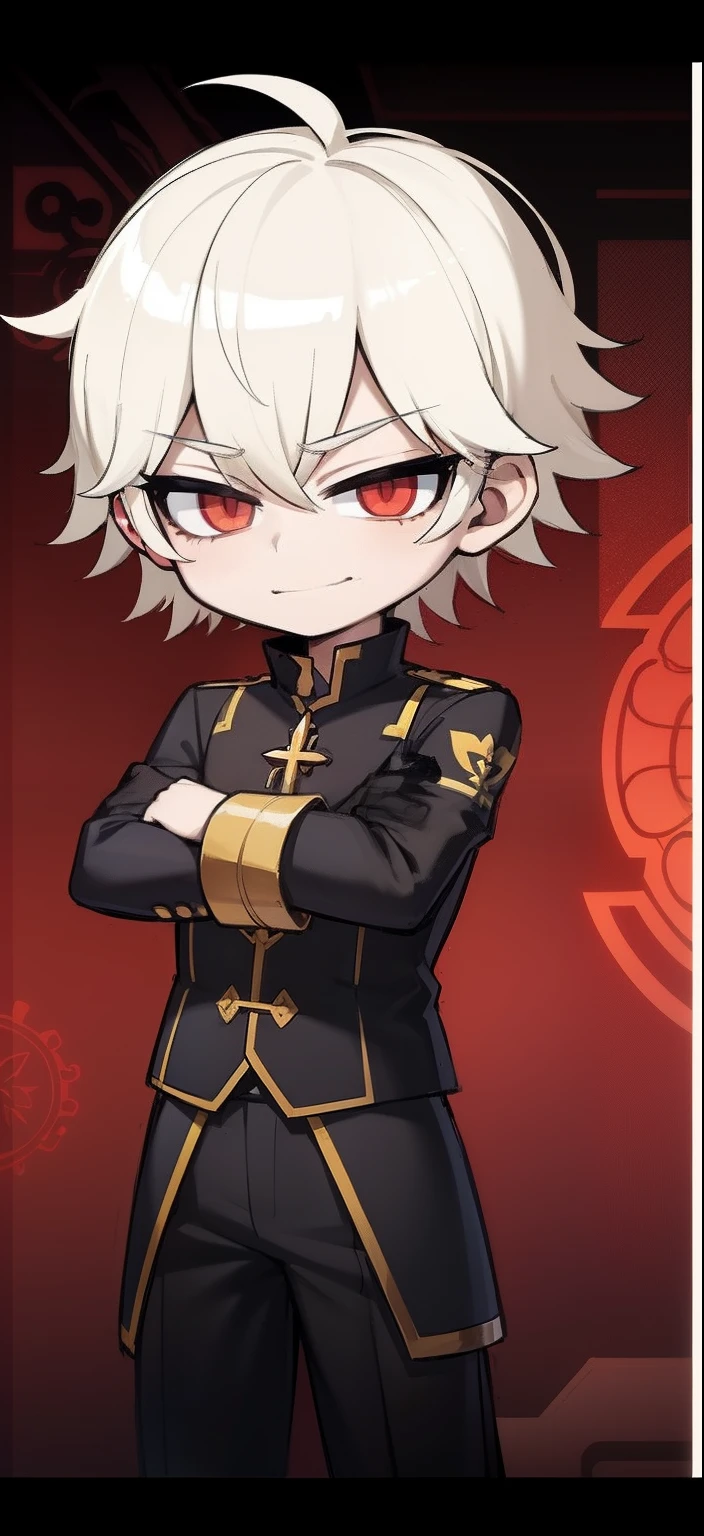 One Boy。Chibi Chara。1 head body。Anime character with blond hair and black suit and white shirt, keqing from genshin impact, a handsome man, Key Anime Art, nefarious smirk, , roguish smirk, Official art,