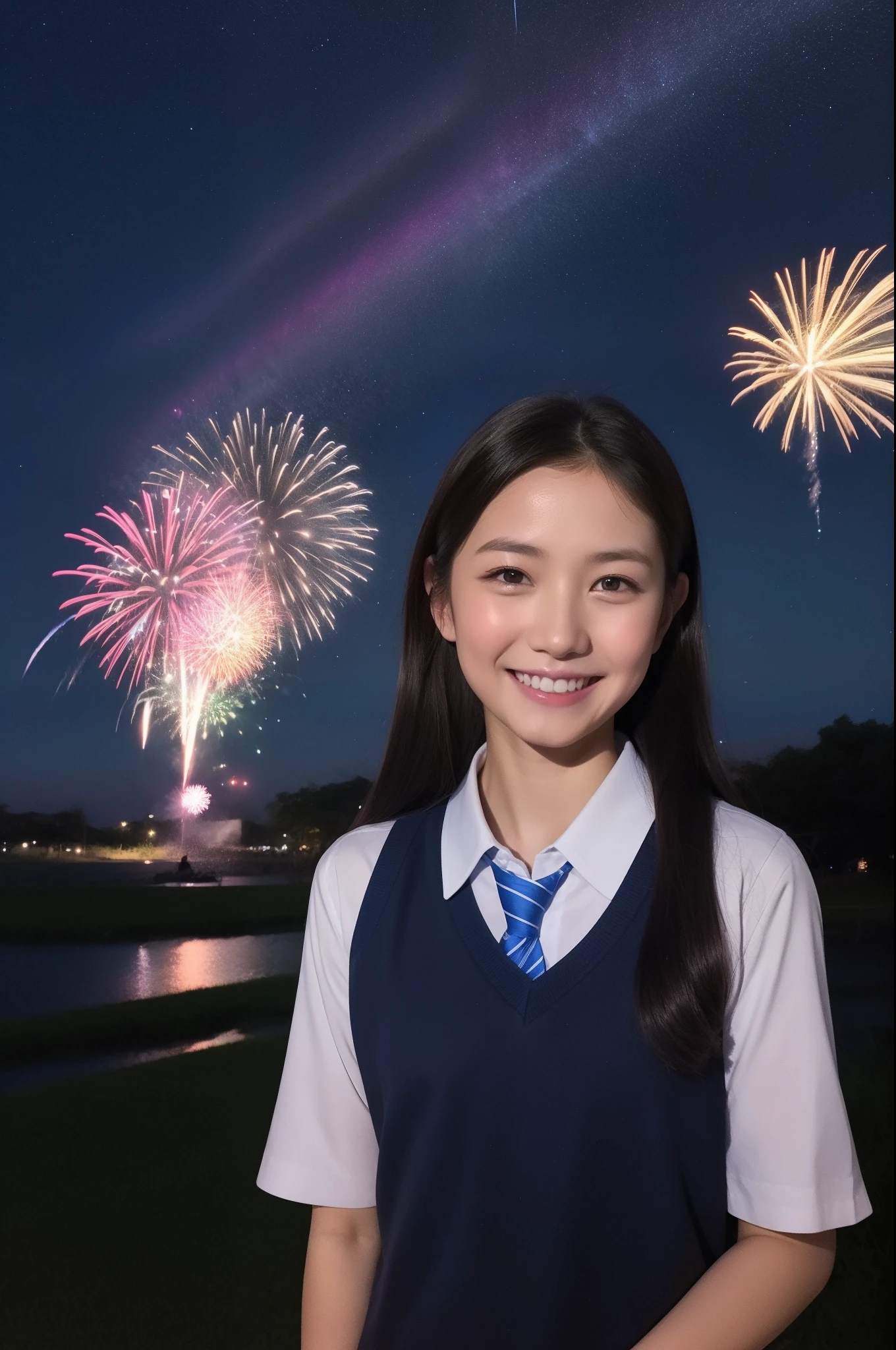 A smile、hi-school girl、校服、shortsleeves、While doing fireworks、starrysky、Aurora