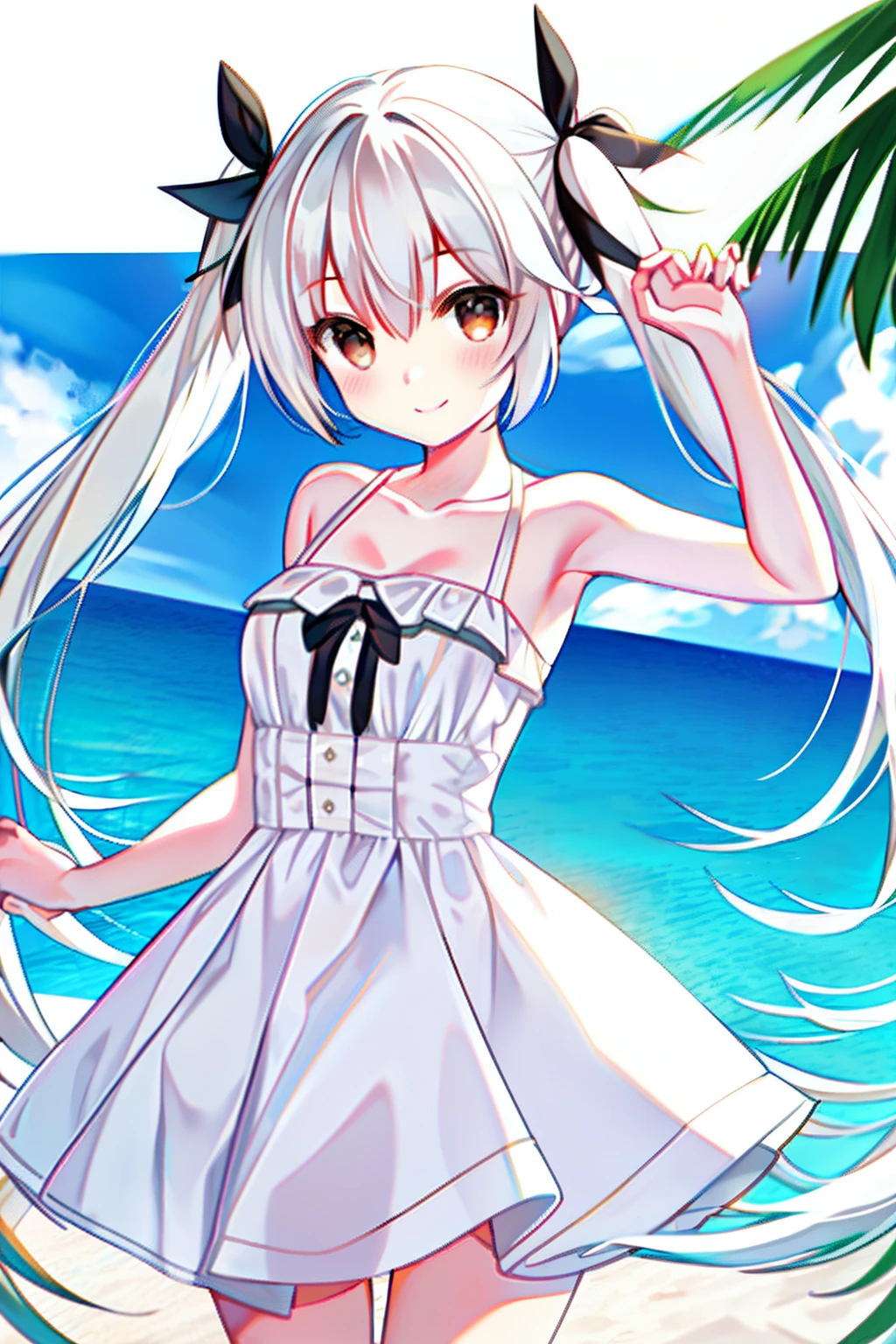 masterpiece, best quality, beach, kasugano sora, happy, bare shoulders, white dress, white hair, twintails, long hair, hair ribbon, looking at viewer