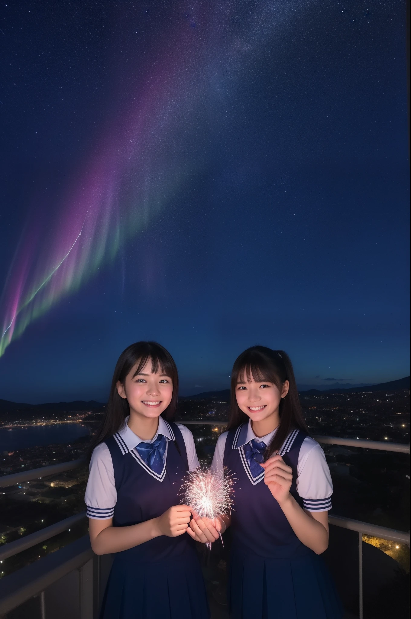 A smile、hi-school girl、校服、shortsleeves、While doing fireworks、starrysky、Aurora