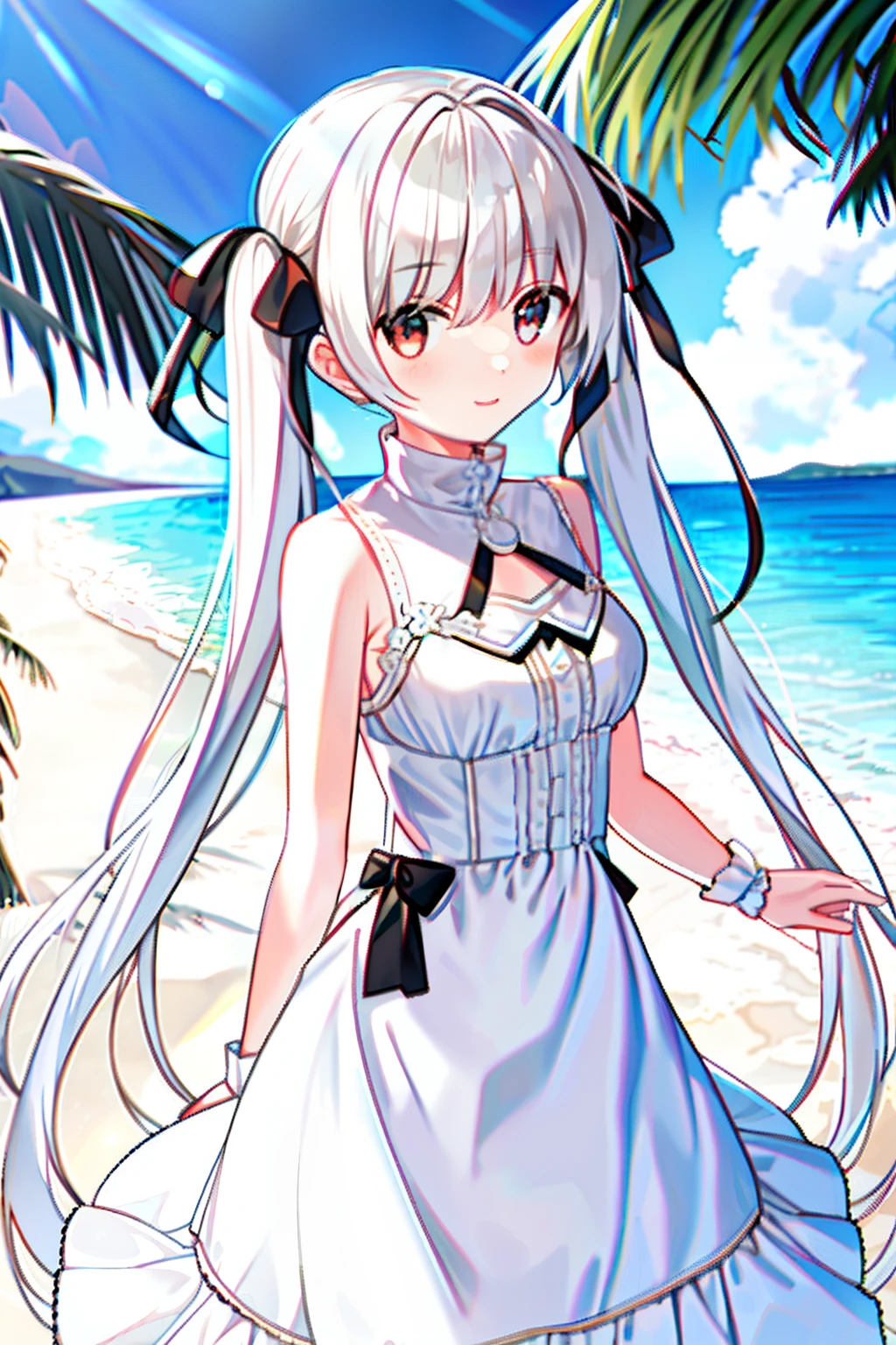 masterpiece, best quality, beach, kasugano sora, happy, bare shoulders, white dress, white hair, twintails, long hair, hair ribbon, looking at viewer