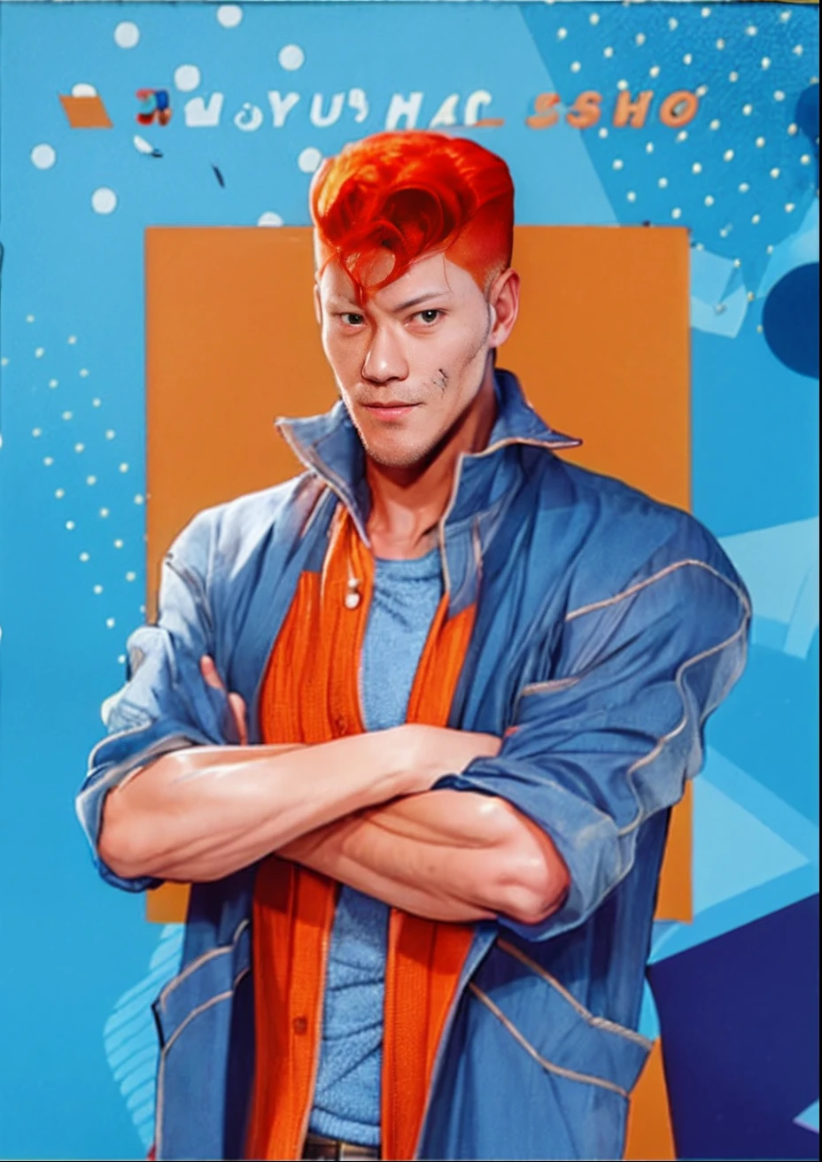 top-quality, 8K, ultra-detailliert, Photo of a man with orange hair and a light blue jacket, Hairstyle is Pompadour Regent, Yokohama Gincho's Sho's hairstyle, Chiseled face, cheekbones protrude, Busaic, skinny, slender, Kentaro Miura Art style by shaving, Archie Andrews, miura kentaro style, Portrait of Yu Kuwabara, kentaro miura art style, Archie Comics Style, The character's name is Kazuma Kuwabara, Boy with orange hair