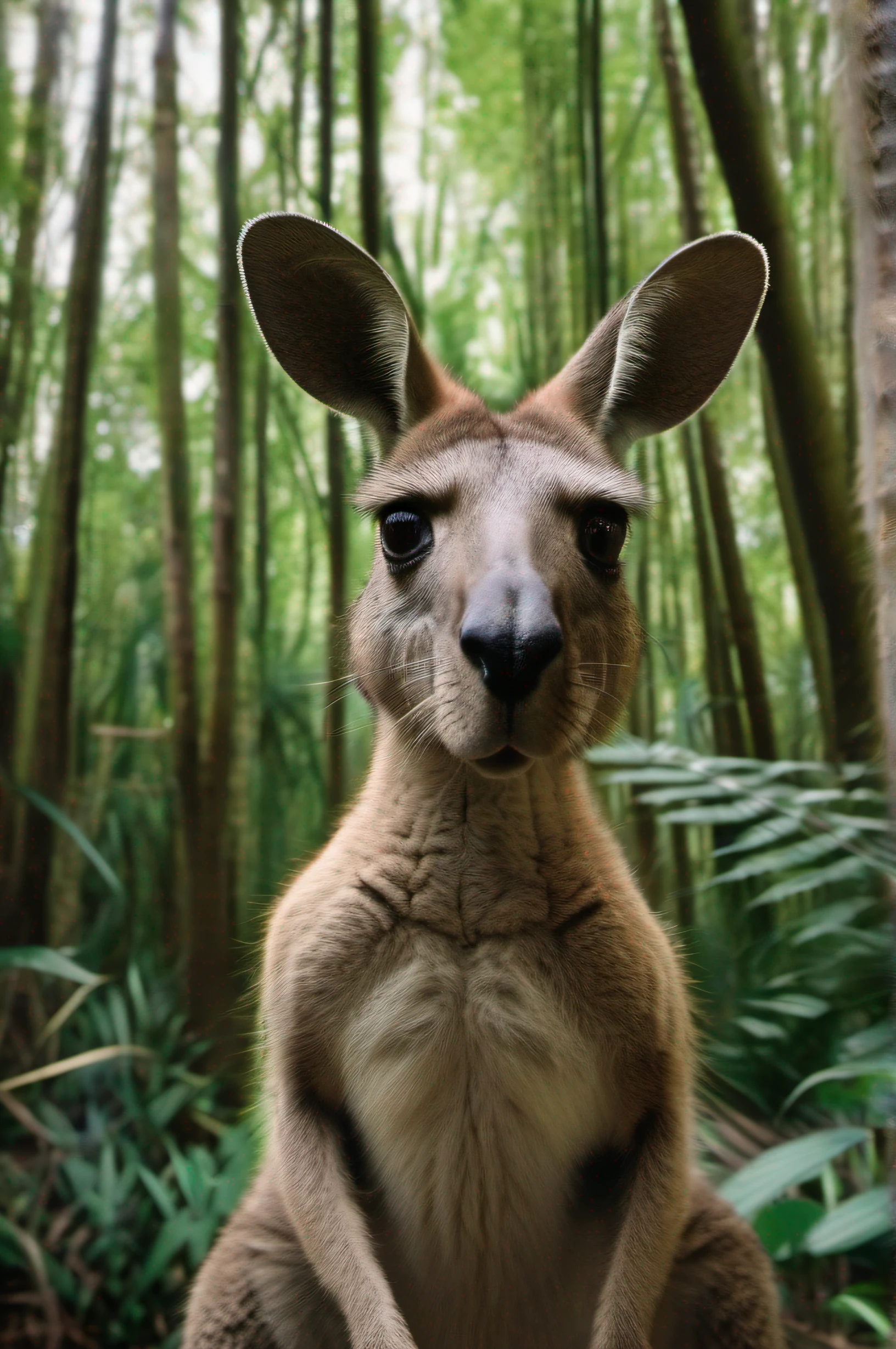 Kangaroo High nation-geographic symmetrical close-up portrait shoot in green jungle of an expressive Kangaroo, anamorphic lens, ultra-realistic, hyper-detailed, green-core, jungle-core –ar 16:9 –q 2 –v 5 rtx on --ar 73:128 --s 750 --v 5. 2