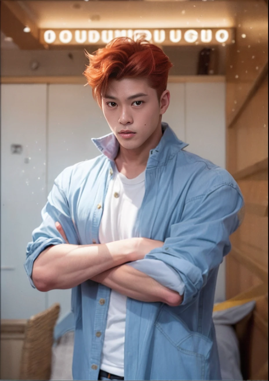 top-quality, 8K, ultra-detailliert, Photo of a man with orange hair and a light blue jacket, T-shirt is white, Hairstyle is Pompadour Regent, Yokohama Gincho's Sho's hairstyle, Chiseled face, cheekbones sticking out, Busaic, skinny, slender, Kentaro Miura Art style by shaving, Archie Andrews, miura kentaro style, Portrait of Yu Kuwabara, kentaro miura art style, Archie Comics Style, The character's name is Kazuma Kuwabara, Boy with orange hair