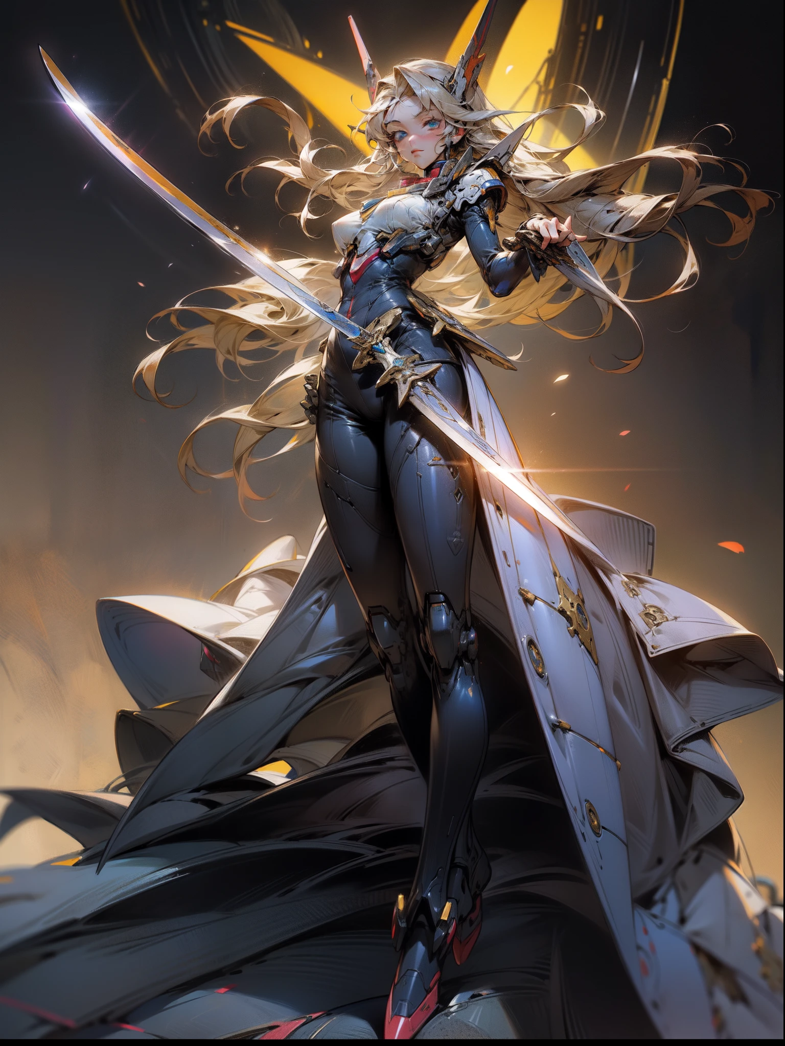 GameCG、Super delicate、超A high resolution、32K、top-quality、mechs、super robot wars、macross、Fighters、masterpiece、a blond、Blue eyes、solo,(Female Robot 1.4)、Slender body、Mazinger, best qualtiy, huge robot 、 scientific fiction,beautiful countenance、(cropped dynamic pose hand holding a sword gripping knife in hand 1.5)、Science Dreams、full body Esbian,Gundam Mech,karo,full body,professional lighting