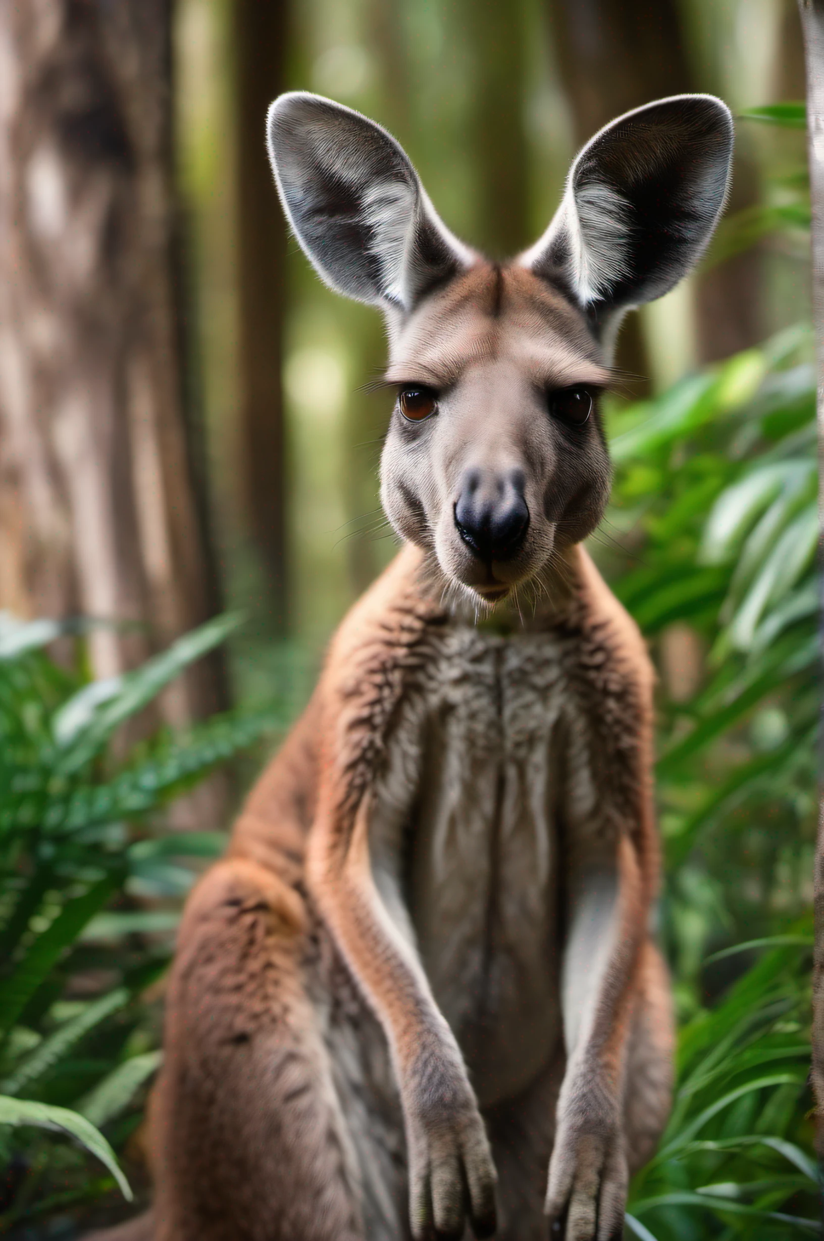Kangaroo High nation-geographic symmetrical close-up portrait shoot in green jungle of an expressive Kangaroo, anamorphic lens, ultra-realistic, hyper-detailed, green-core, jungle-core –ar 16:9 –q 2 –v 5 rtx on --ar 73:128 --s 750 --v 5. 2