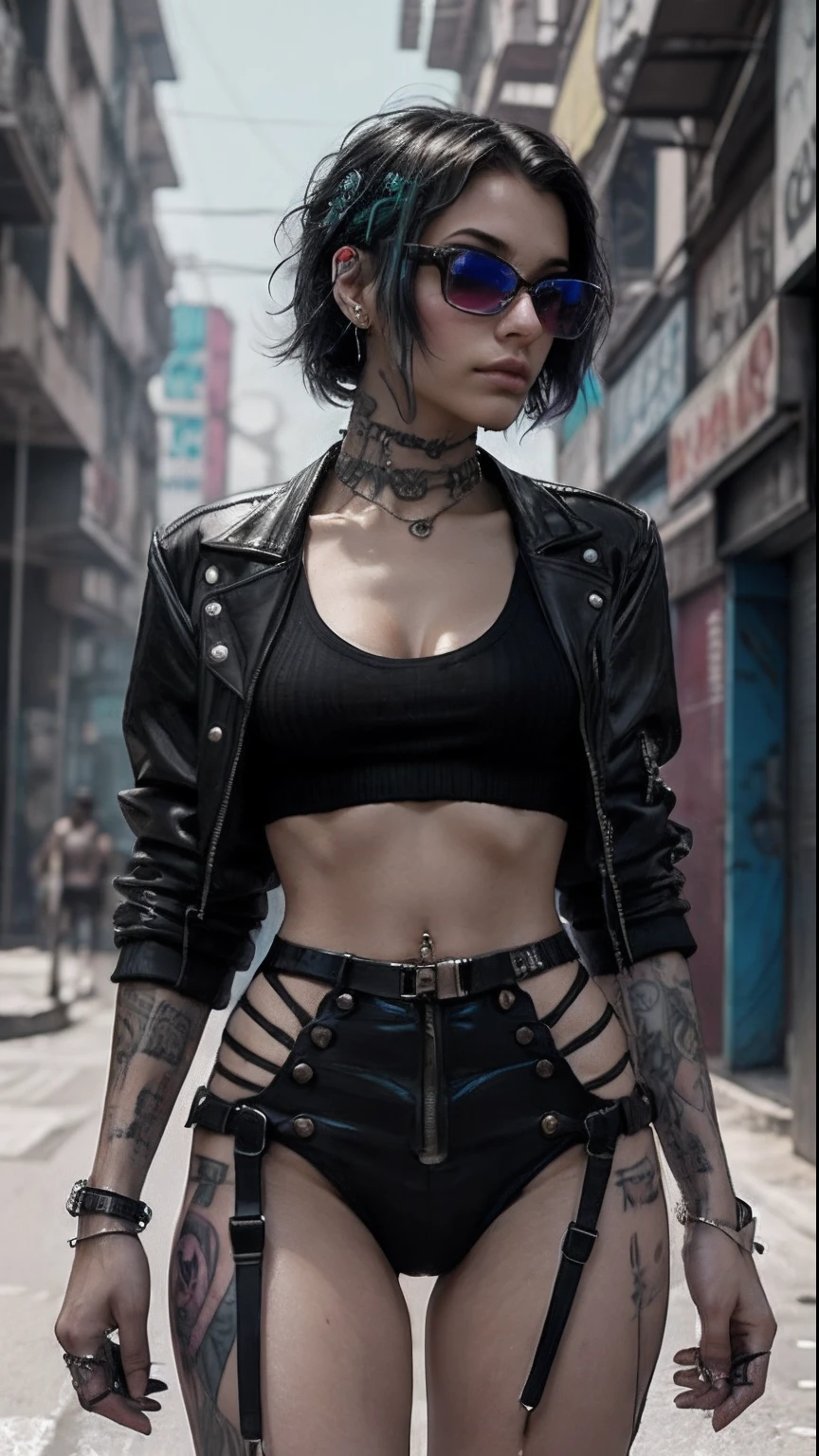 Beautiful woman, 21 anos, cabelo preto, roupas de couro sexy, seios longos, estilo cyberpunk, realista detalhado, retrato, bunda ruim, Punk rock, rebelar-se, sexy, tiro de corpo inteiro