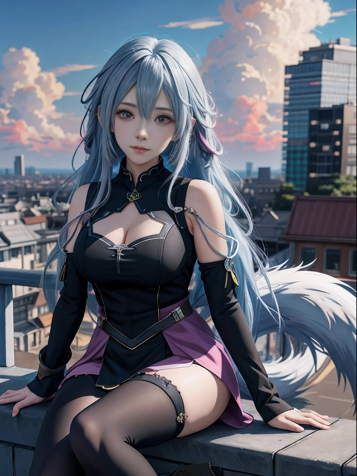 Anime girl sitting city wolf on rainbow cloud background, style of anime4 K, 4K anime wallpaper, Anime epic artwork, Anime Cloud, Anime wallpaper 4 k, Anime wallpaper 4K, Anime Sky, Anime art wallpaper 4k, Anime art wallpaper 4k, hd anime wallaper, Guweiz in Pixiv ArtStation，blackstockings，full bodyesbian
