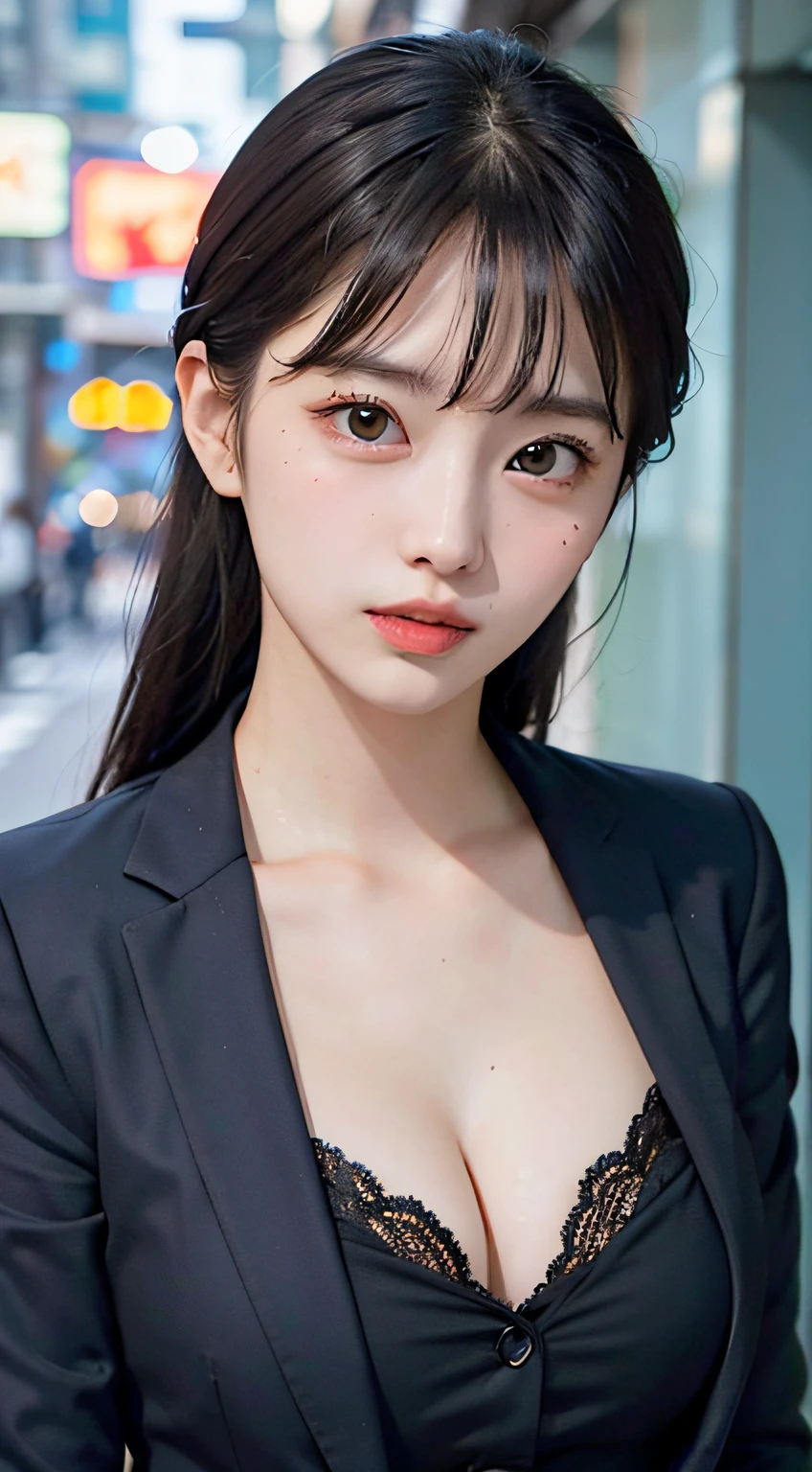 (masutepiece, Best Quality:1.2), 8K, 85 mm, Official art, Raw photo, absurderes, violaceaess, rosaceaess, gardeniass, a beauty girl, Pretty Face, full bodyesbian, Cinch West, Black Tailored Suit, Suit jacket, V-neck shirt, Looking at Viewer, (cleavage:0.7), Large breasts, Film grain, chromatic abberation, Sharp Focus, face lights, clear lighting, Detailed face, (Bokeh background:1.2), cleavage, big breasts, skinny thigh