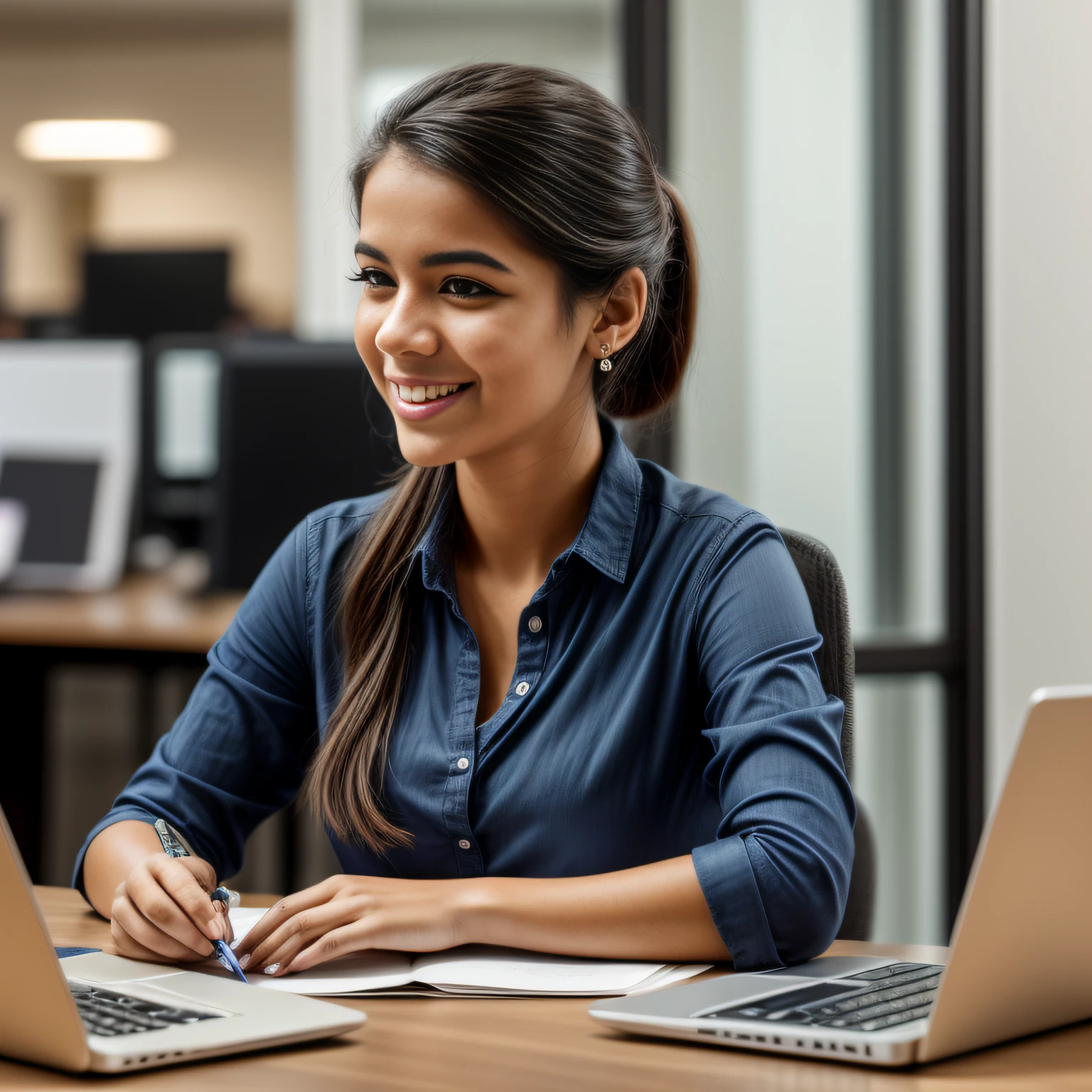 there is a adorable youthful slim woman sitting at a desk with a laptop computer, uma aluna hiperrealista, estudo elegante, Cyber Escola , aluna hiperrealista, Tirada com Canon EOS 5 D Mark IV, Menina na vida real, Trend in CGTacing:, office clothes, menina corearado com Canon 5D MK4, Estudante realista, Pose elegante e bonito, lendo,agradeçida, sorrindo