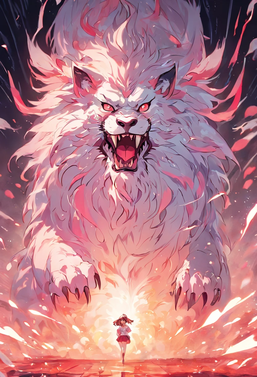 Nian Beast，The evil beast of Chinese folk mythology and legend，Shaped like a hybrid of a lion and a dog，Huge size，Firstborn unicorn，He has snow-white fur，Pink and white footprints appear everywhere they go