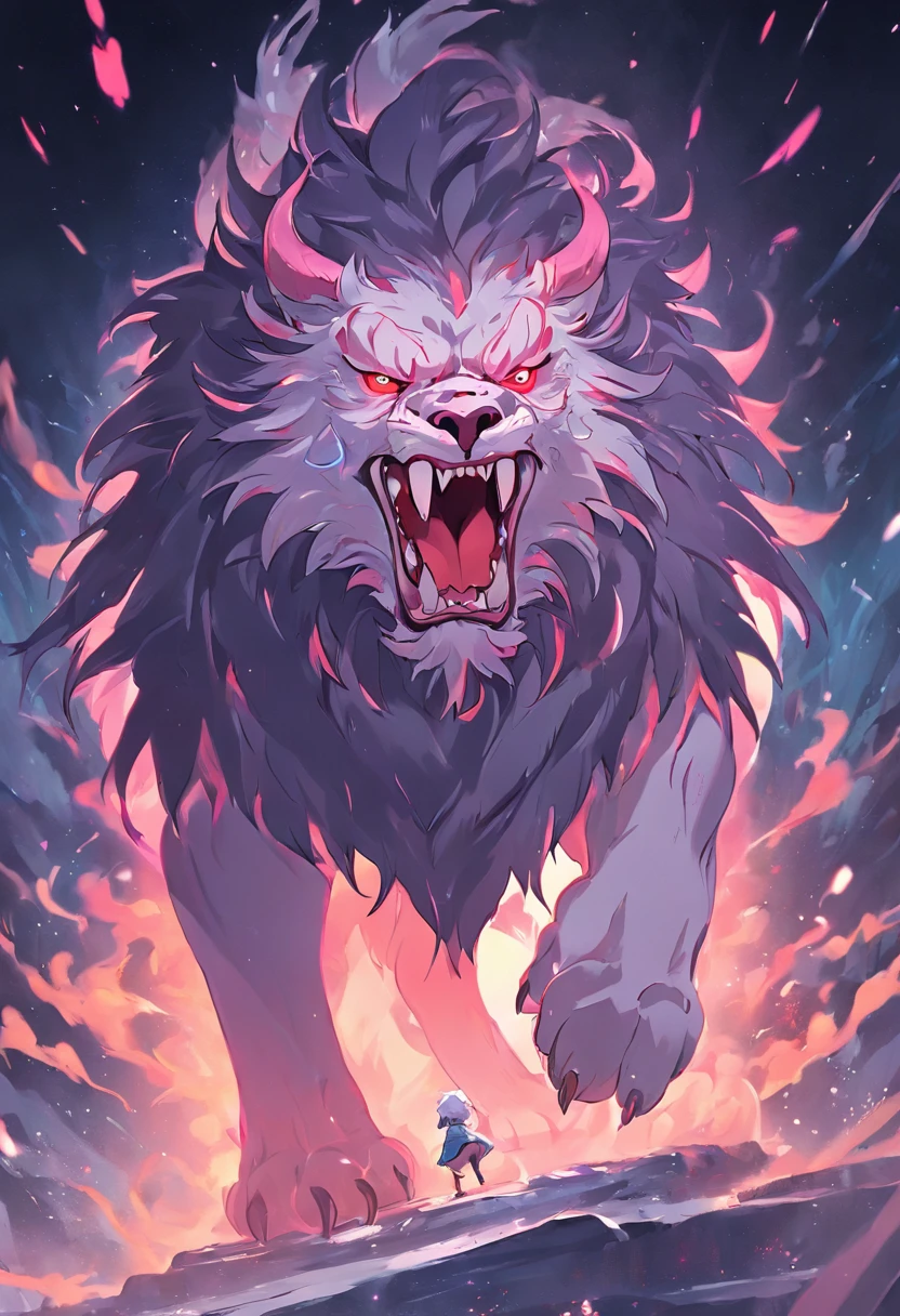 Nian Beast，The evil beast of Chinese folk mythology and legend，Shaped like a hybrid of a lion and a dog，Huge size，Firstborn unicorn，He has snow-white fur，Pink and white footprints appear everywhere they go
