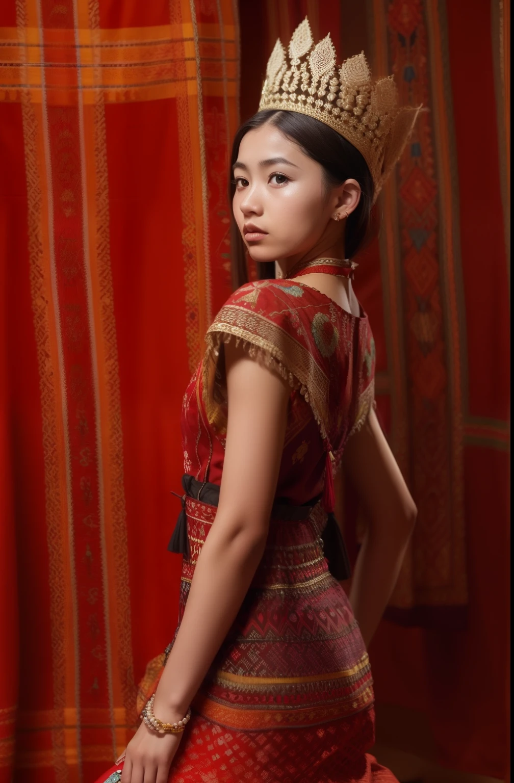 A girl is sitting and  wearing a red shirt with a pattern on it, georgian dress, traditional romanian clothing, ukrainian national costume, ukrainian national clothes, romanian heritage, border pattern, hanbok apron, traditional costume, long hair shawl, korean hanbok, transylvanian folk art, idian dress, shipibo patterns, beaded embroidery, collar around neck