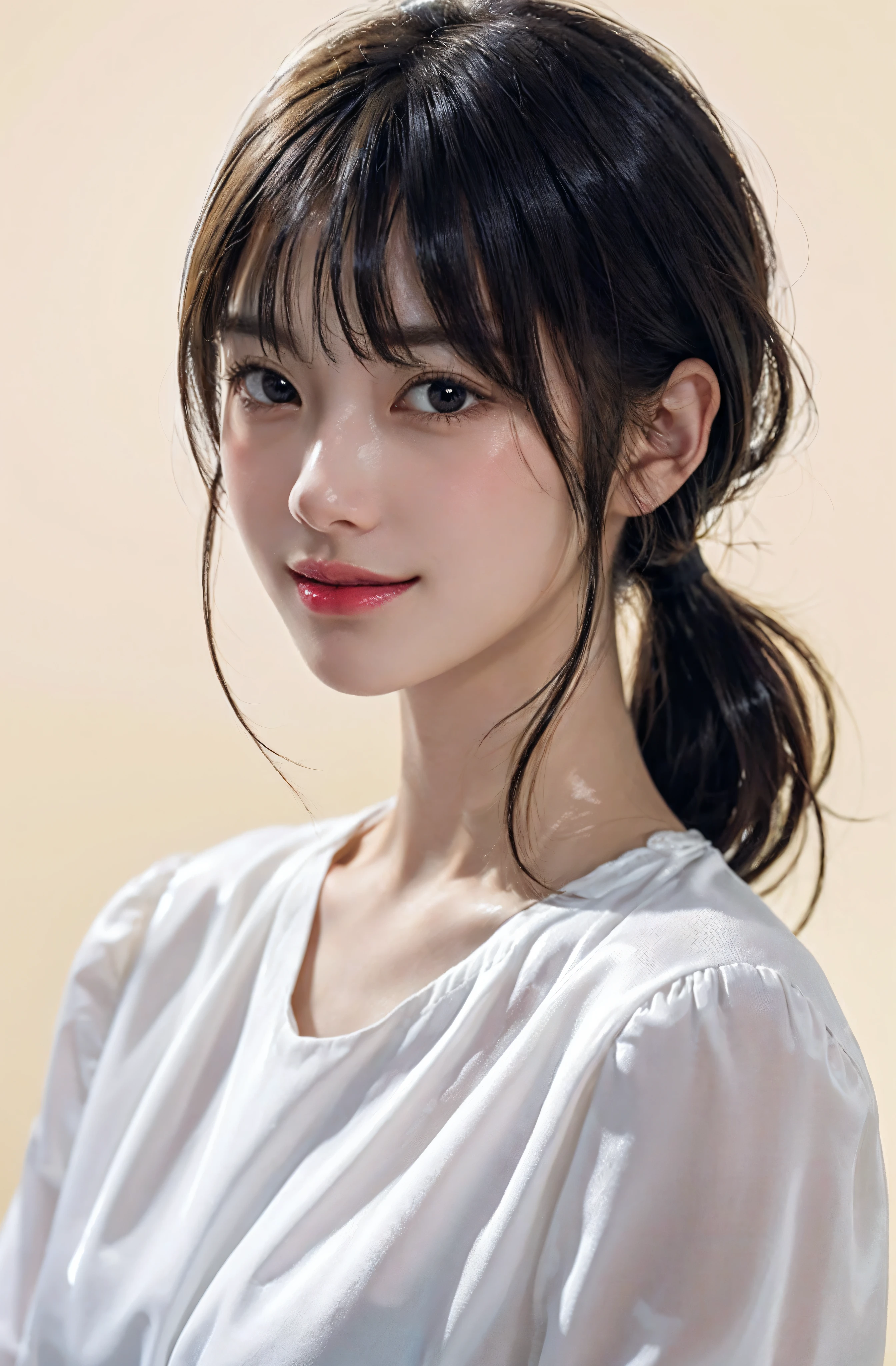 masterpiece, top-quality, 32K, absurderes, (The upper part of the body:1.4), white shirt, The long-haired、poneyTail、short hair with bangs、beautiful a girl, Clean face, looking at the viewers, A smile, A hyper-realistic, hight resolution, a picture, film grains, chromatic abberation, foco nítido, nffsw, face lights, Dynamic lighting, (电影灯光:1.2), (Professional Shadows:1.2), simple background, (Dull yellow background:1.4), highestdetailed, ighly detailed, ultra-detailliert, finely detail, authentic skin, delicated facial features, detailed faces and eyes, Sharp pupils、Realistic pupils、(Korean、japanse、Chinese:0.3)、(Glossy lips:1.4)