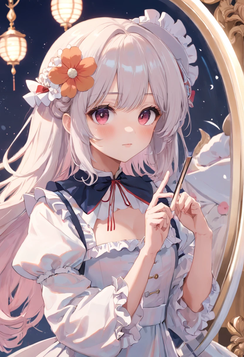 there is a woman that is taking a selfie in a mirror, ulzzangs, shell collar!!l, frilled blooming collar, Small floral costumes，chiho, shikamimi, white hime cut hairstyle, shinsui ito, 2 0 2 0 fashion, 2263539546], sakimichan, peach and goma style