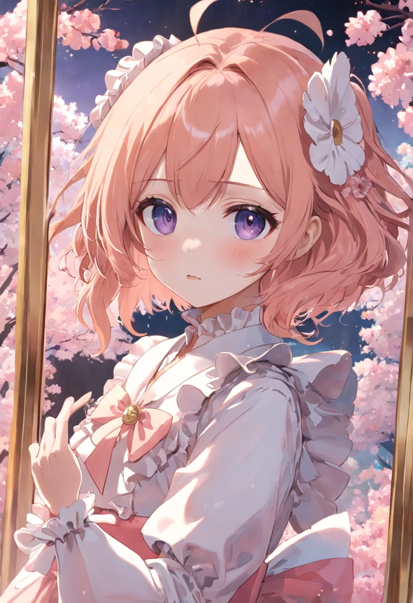 there is a woman that is taking a selfie in a mirror, ulzzangs, shell collar!!l, frilled blooming collar, Small floral costumes，chiho, shikamimi, white hime cut hairstyle, shinsui ito, 2 0 2 0 fashion, 2263539546], sakimichan, peach and goma style