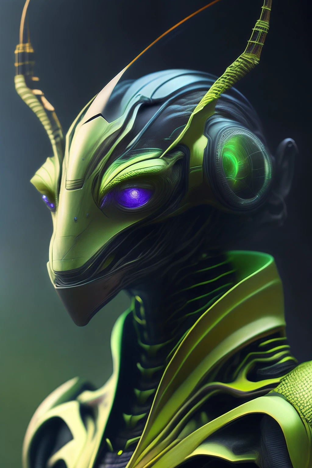 Soul portrait of a futuristic mantis alien from the creator of another dimension of the universe