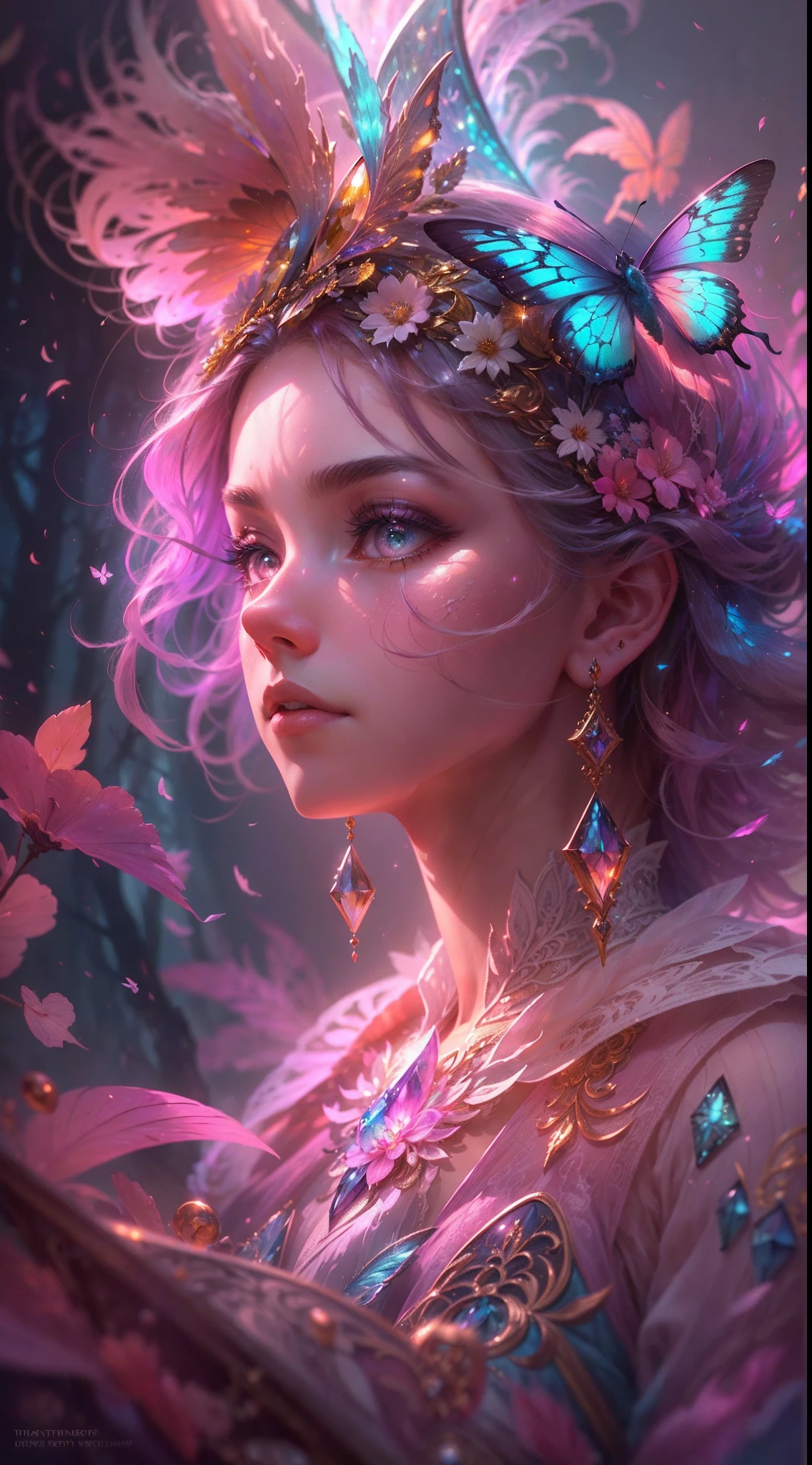 (((masterpiece))), (((best quality))), ((ultra-detailed)),(highly detailed CG illustration), ((an extremely delicate and beautiful)),cinematic light, Create a stunning fantasy artwork that mimics the style of currently trending masters of the genre. The art piece should contain elements of both mythic fantasy and fairytale fantasy with colorful accents. ((Utilize various shades of pink and watercolor pastels as the main color scheme.)) The character in the artwork is a delicate but strong petite figure with an aura of mystery and magic. Pay close attention to intricate facial features, such as mesmerizing eyes with vibrant colors and bold shading. The character's clothing should be designed with gossamer feathers, silk, stunning embroidery, and subtle iridescent details. Incorporate dreamy colors, dynamic lighting, and detailed background elements to create a sense of awe and immersion. Include colorful flying magical birds and jewel-toned butterflies radiating a magical aura. Consider the latest trends in fantasy art, such as incorporating unique lighting effects, exploring dynamic and compelling composition techniques, and experimenting with unique color palettes. Take inspiration from the top artists on ArtStation and Midjourney. Camera: Choose an angle that highlights the character's beauty and enhances the magical majesty of the artwork. Lighting: Utilize atmospheric lighting techniques to create depth and mood. Resolution: Aim for a high-resolution artwork to showcase intricate details and clarity. Art Inspirations: Seek inspiration from the trending artists on ArtStation, exploring different styles, genres, and themes.