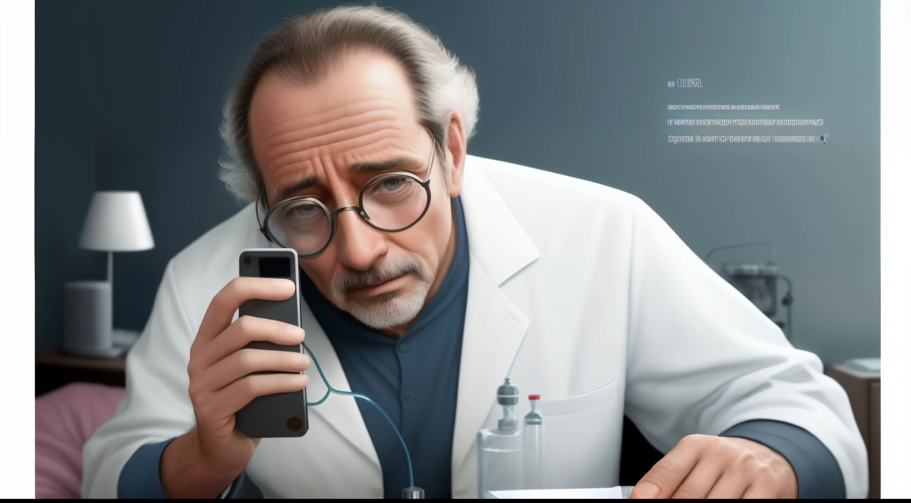 1Man scientist, 50 years old, angustiado y triste, recibiendo una llamada desde un celular, centrado en la cama