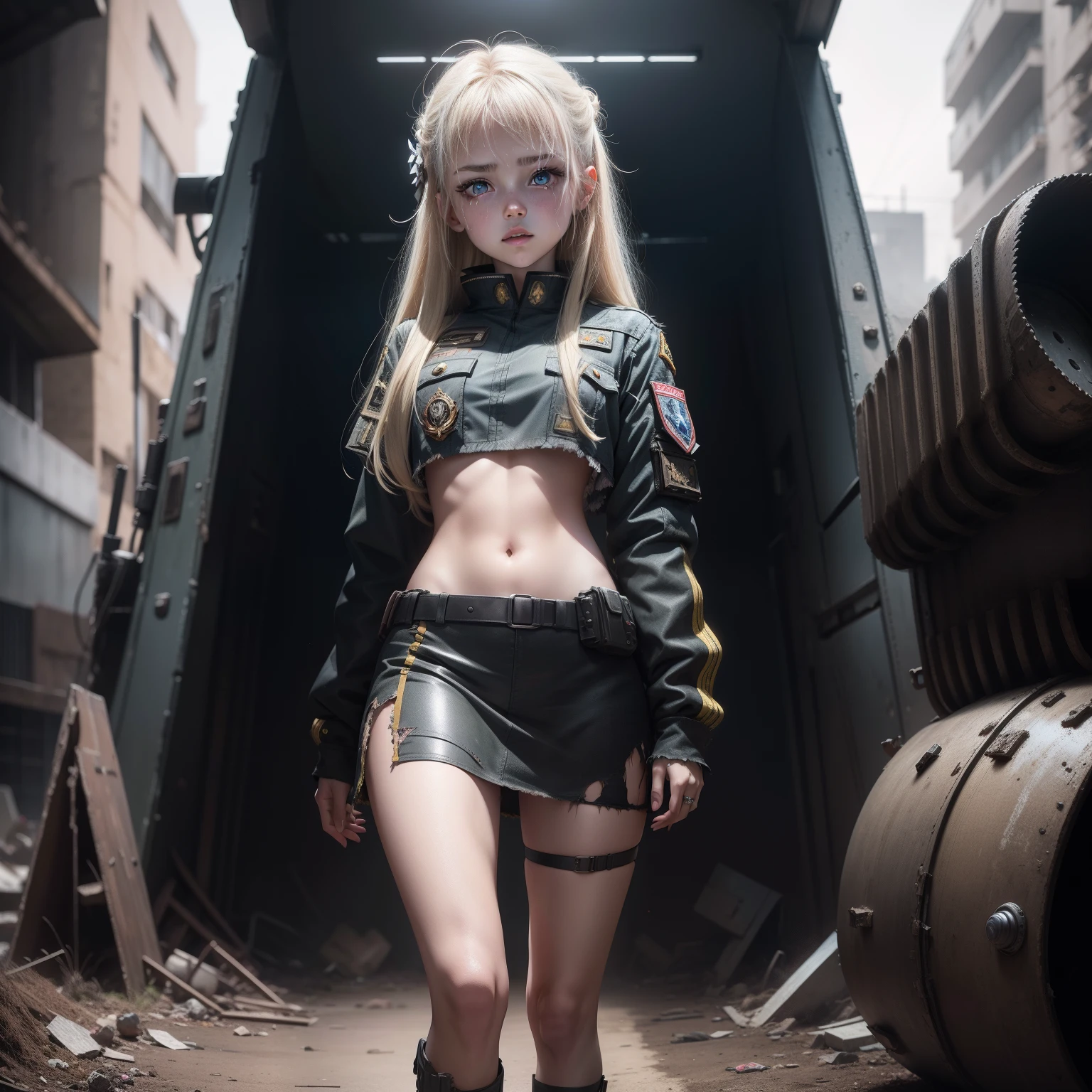 ukrainian girl , Ukrainian anime girls , , Ukraine , Full body composition of young girl with messy bright blonde hair, eye make up, , Soft lighting, Solo, Old torn dirty shabby futuristic military uniform, badges, Pose, Blotch color, Octane Render, Hyperrealistic intricate detail, Cinematic, 8K resolution, 70mm, Accent Lighting, Global Illumination, Full body portrait, clean detailed faces, intricate clothing, Cute face, flat chest, Slim waist, Slim legs, small hips,Chest exposed,