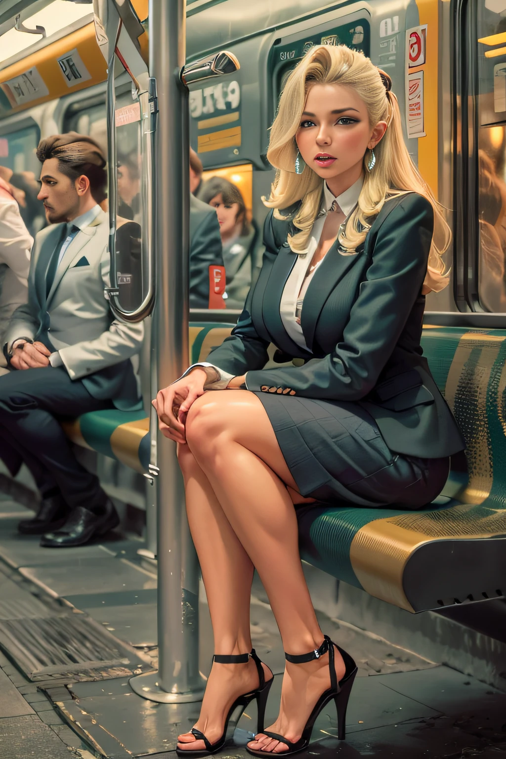 European, Blonde girl, schlanke Beine, Curvy hips, a full body shot, High-heeled sandals, Strumpfhosen im Netz, STILETTO HEELS, Women's business suit with a short skirt, large ring earrings, Takes the subway, Sitzt, Ein Ausdruck der Scham auf seinem Gesicht, Verwechslung, Verzweiflung im Gesicht, Weinen, kneift mit der Hand in den Schritt, crumples the hem of the skirt with his hands, The knees clenched, Angespannte Haltung, bites the lower lip, volle Blase, will unbedingt auf die Toilette gehen, anatomisch korrekt, realistisch,