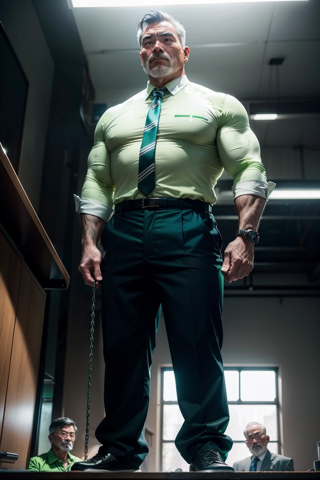 1man picture of a handsome teacher, light brown hair, beard, 40 year old, shirt and tie, pale green shirt, green pailsy tie, rolled up sleeves, long sleeves, formal shirt, muscular, big pectorals, tight brown suit pants, brown trousers, leather belt, bulge, smiling at camera, big muscles, standing in classroom