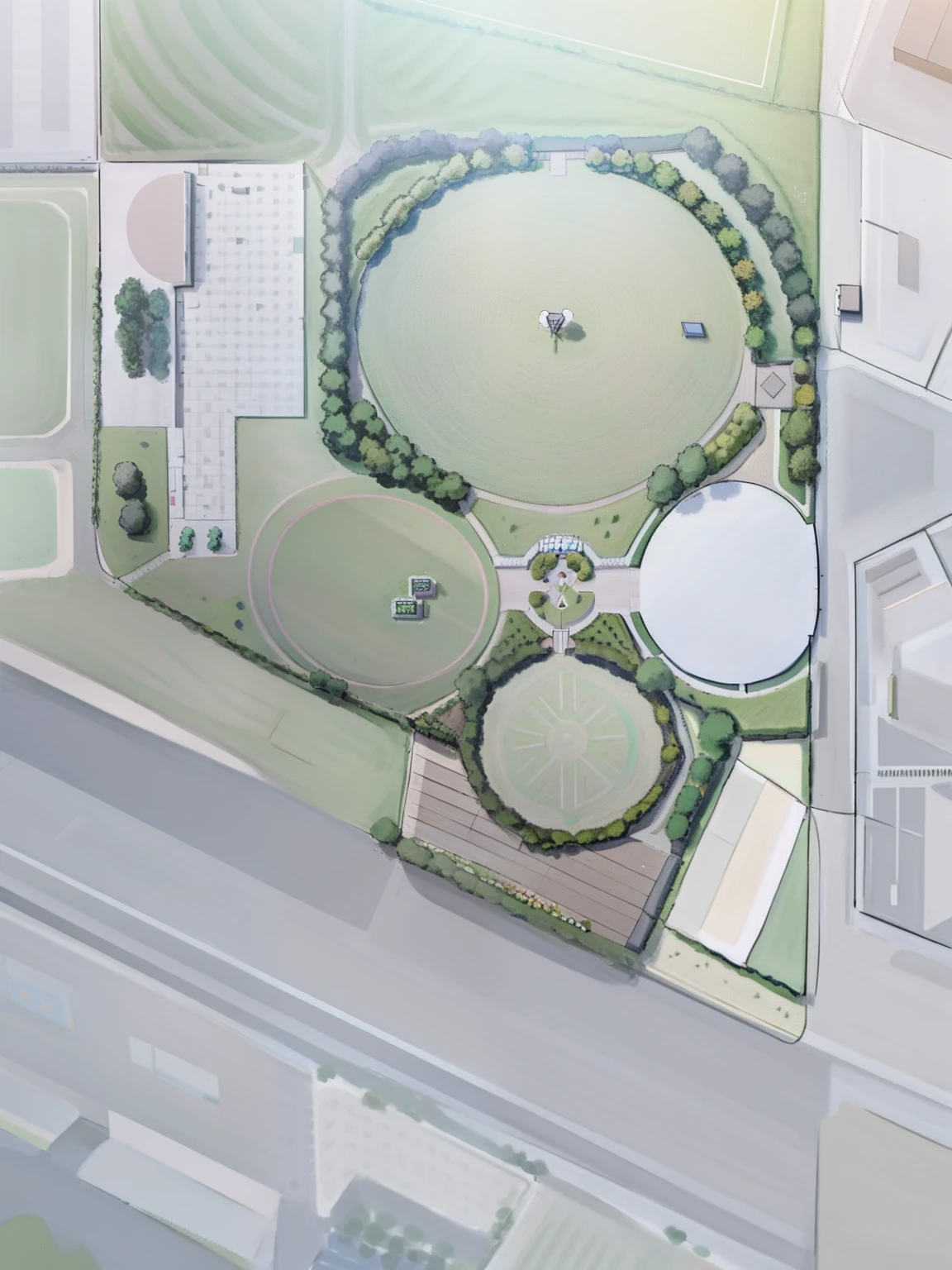 Park floor plan,There is a lot of view, There is a creek,There are places for events,There is room for communication,Green ecology,There are architectural drawings in various colors,There is room to relax, bird's eyes view, bird's eyes view,rendering, Bird's eye view, parks and public space, Surface rendering, Close up from above, Detailed rendering, bird's eyes view, bird's eyes view, Multifunctional lawn design with Suzhou elements, Within the chart range,detailed digital illustration