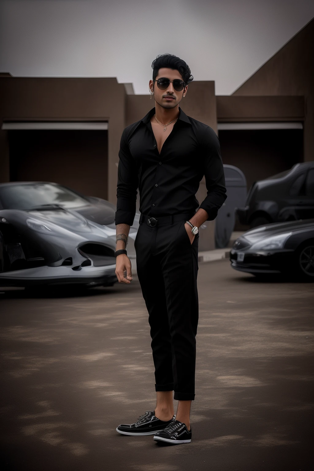arafed man in black shirt and pants standing in front of a building, full body model, full body photogenic shot, stylish pose, mohamed chahin style, full body picture, full body photoshoot, full body shoot, modeling shoot, casual photography, full body portrait shot, cinematic full body shot, male model, full body pictures, inspired by Saurabh Jethani