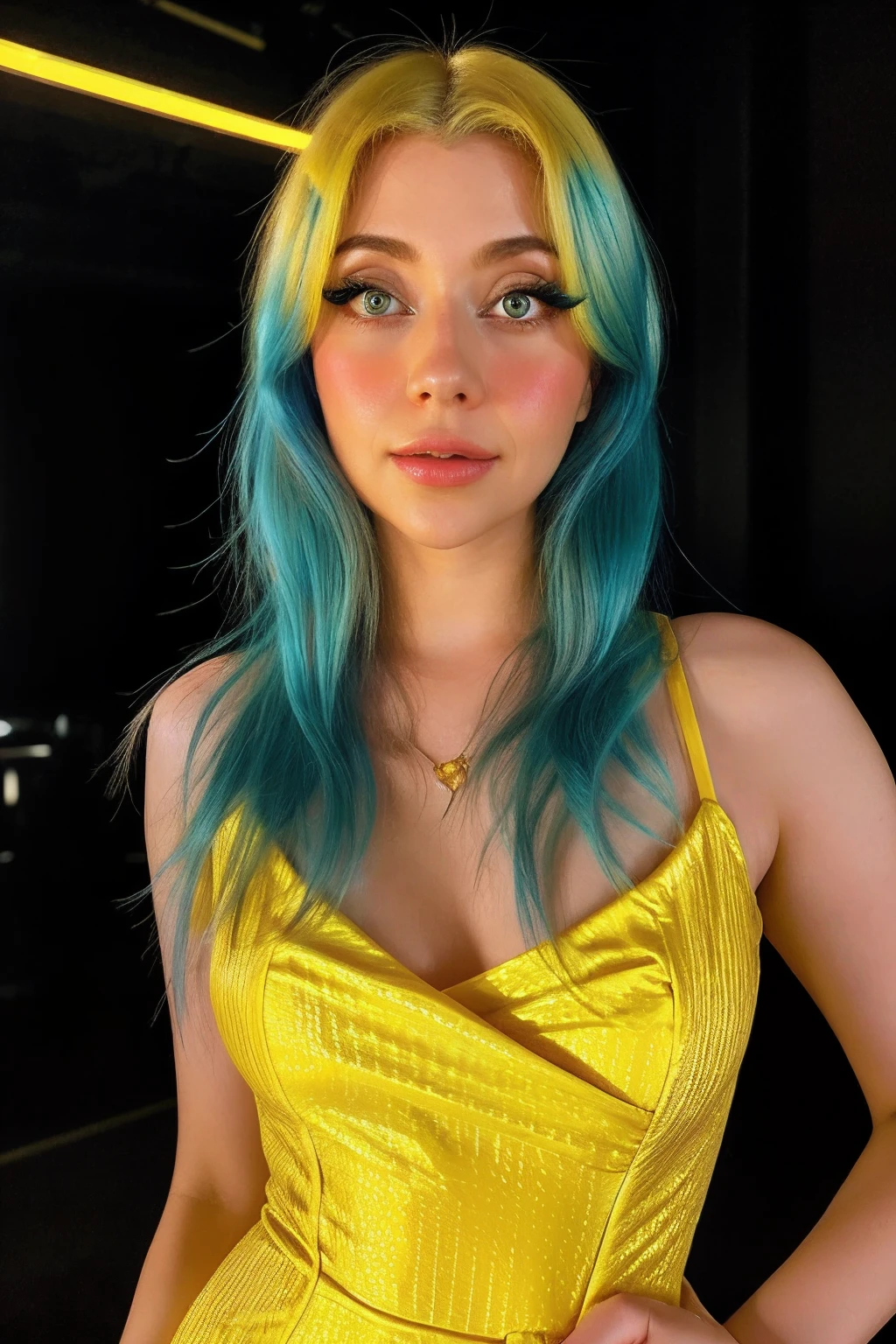 bright Yellow revealing dress ,full body model shoot, beautiful face, blue hair, beautiful eyes, open eyes, hyper realistic, realistic texture, natural lighting, unreal engine, trend in artstation, cinestill 800, at a fancy night club