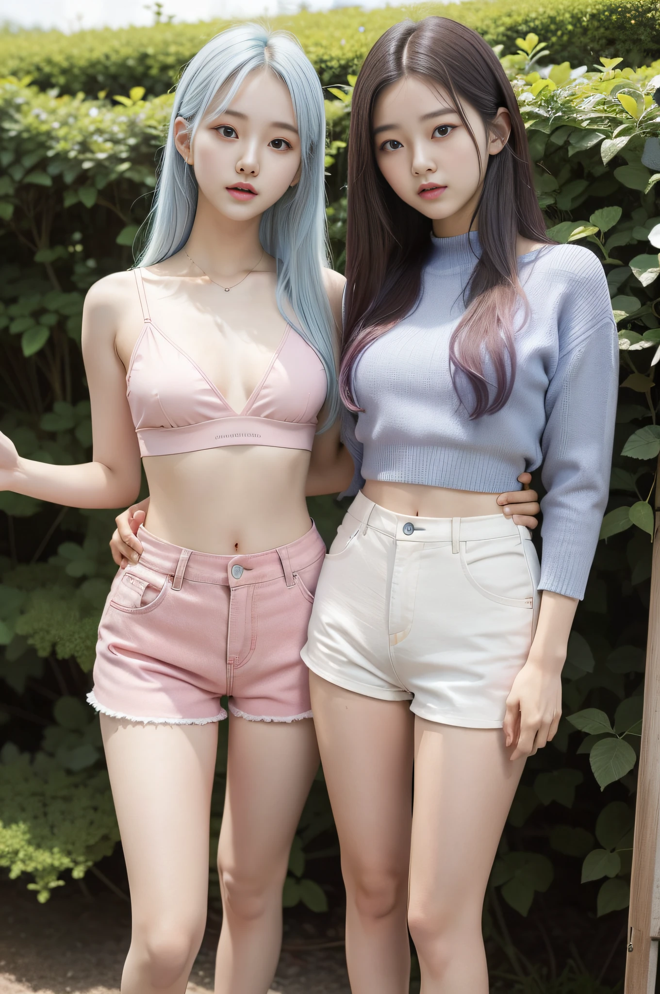 full body, A korean young girl, 18yo, 18 years old korean young girl is in a field, fantasy field, small breast, petite figure, long light blue hair, fantasy tight crop top, fantasy low waist tight pink shorts, small tits, ((thin-waist)), a small face