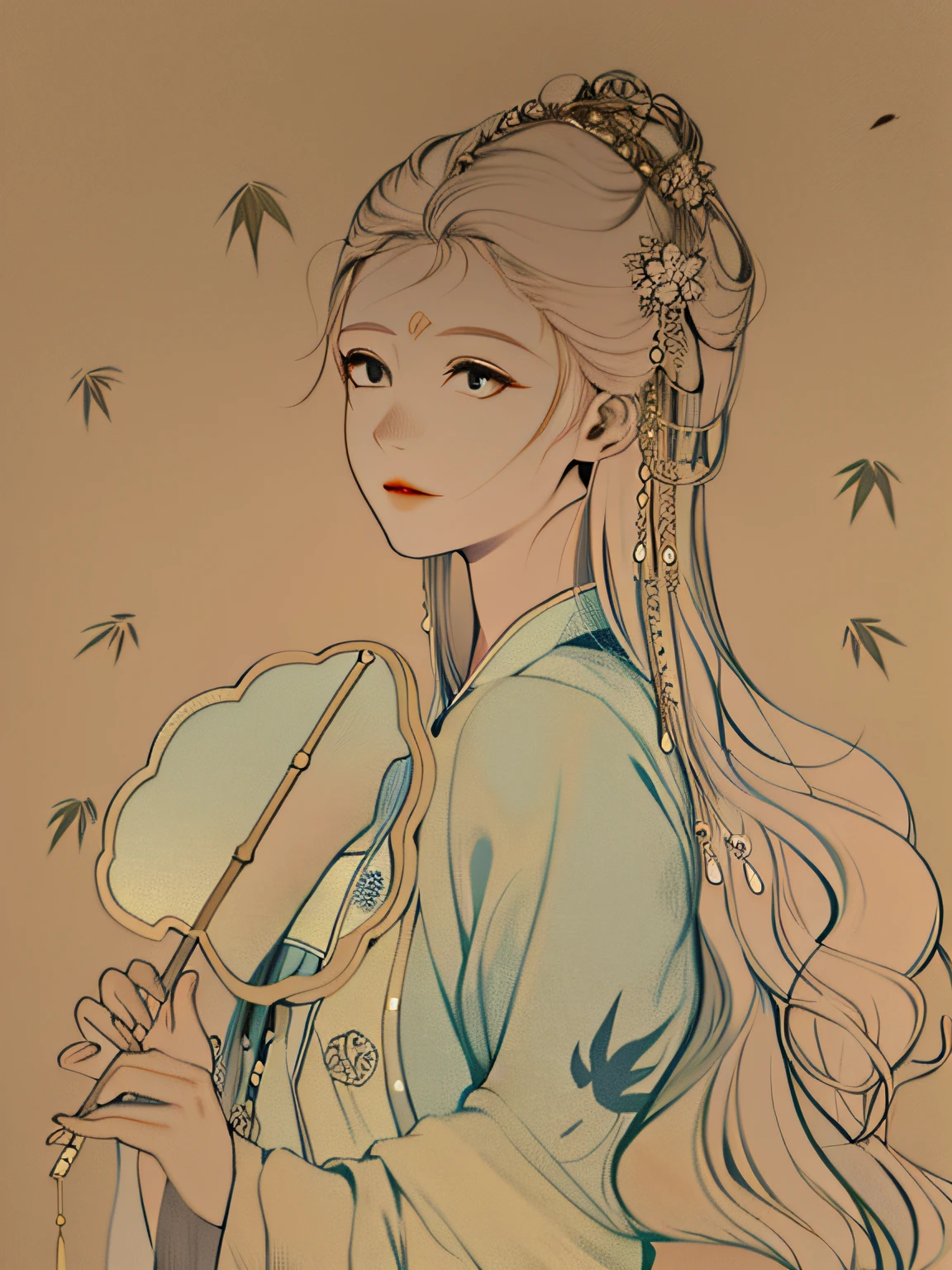 a drawing，The painting depicts a woman with long hair holding a mirror, beautiful line art, clean lineart, lineart behance hd, traditional drawing style, clean linework, perfect lineart, exquisite line art, line art illustration, illustration line art style, extremely fine ink lineart, realistic line drawing, linear art, Simple lines of art, Palace ， A girl in Hanfu