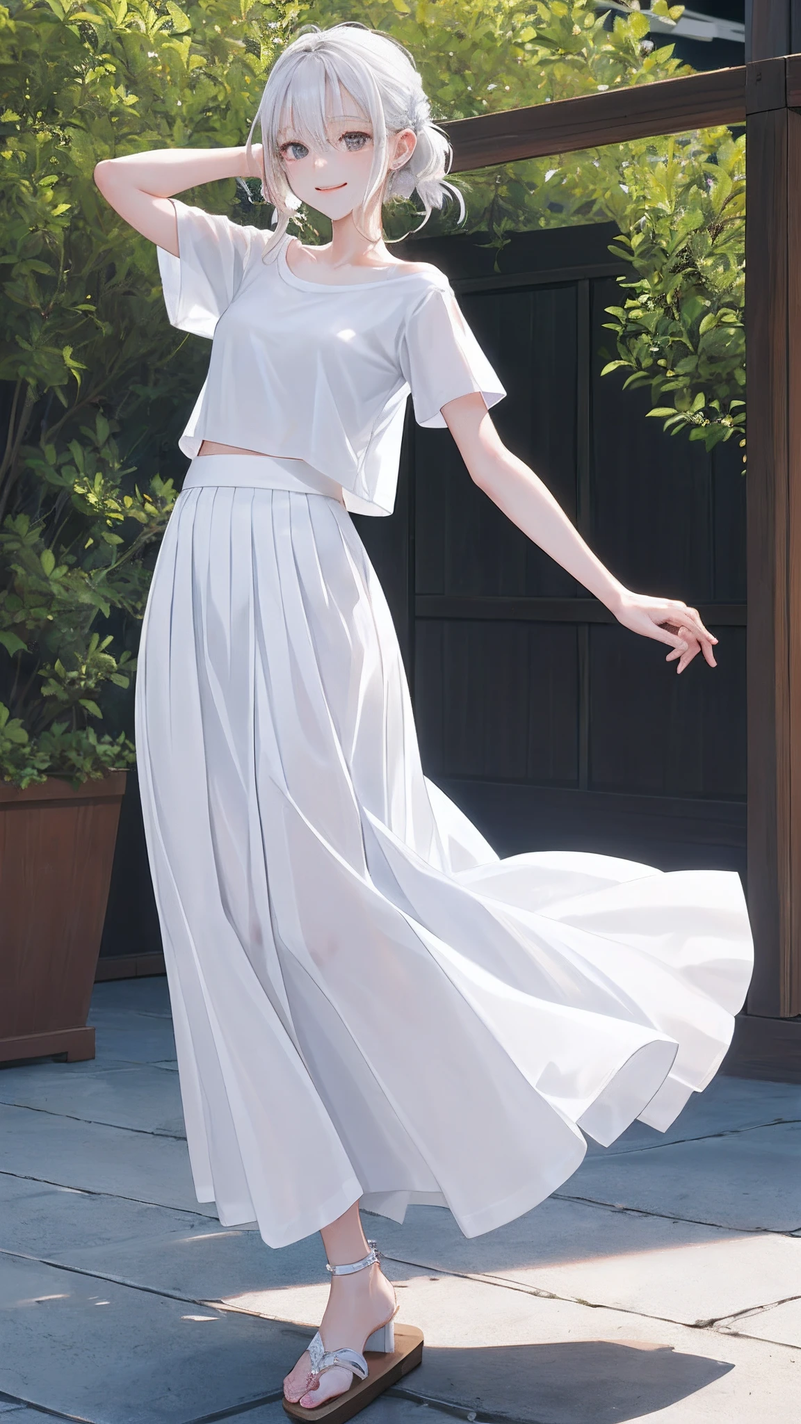 (masutepiece), (Best Quality), {girl|Lady}, Looking at Viewer, {day|Night}, {Indoors|Outdoors}, beautiful hair、white t-shirts、Long Skirt、White platform sandals、dancing, (detailed face、delicate facial features、detailed skin)、shiny skin、fearless smile、(thin skirt),