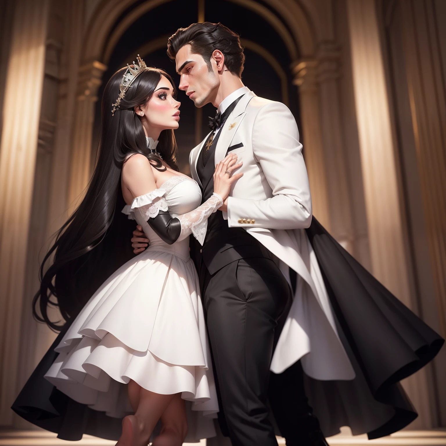 Model ReV Animated Brunette , with face and body, as Charley Atwell , She is dressed in a black princess dress , puts her arm around the guy's waist and kisses him , dressed in a white suit , They stand at full height , Her shoes are visible , His shoes are visible ,Beautiful black princess dress , Beautiful white suit, Front light.