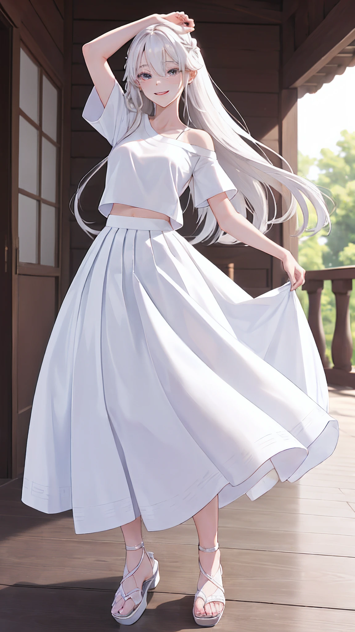 (masutepiece), (Best Quality), {girl|Lady}, Looking at Viewer, {day|Night}, {Indoors|Outdoors}, beautiful hair、white t-shirts、Long Skirt、White platform sandals、dancing, (detailed face、delicate facial features、detailed skin)、shiny skin、fearless smile、(thin skirt),