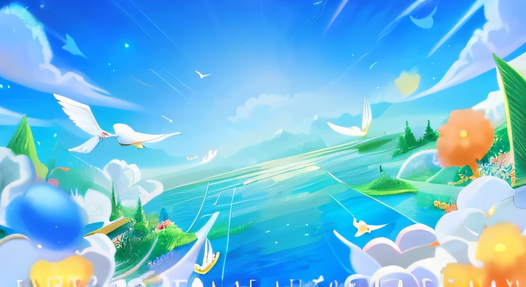 There is a painting of a bird flying over the lake, A beautiful artwork illustration, background artwork, dreamlike digital painting, blurry and dreamy illustration, Sunny day background, paradise background, 4 k hd wallpaper illustration, Magnificent background, Very Beautiful Digital Art, heaven planet in background, beautiful digital art, luminous sky heaven background, beautiful digital painting, Anime background art