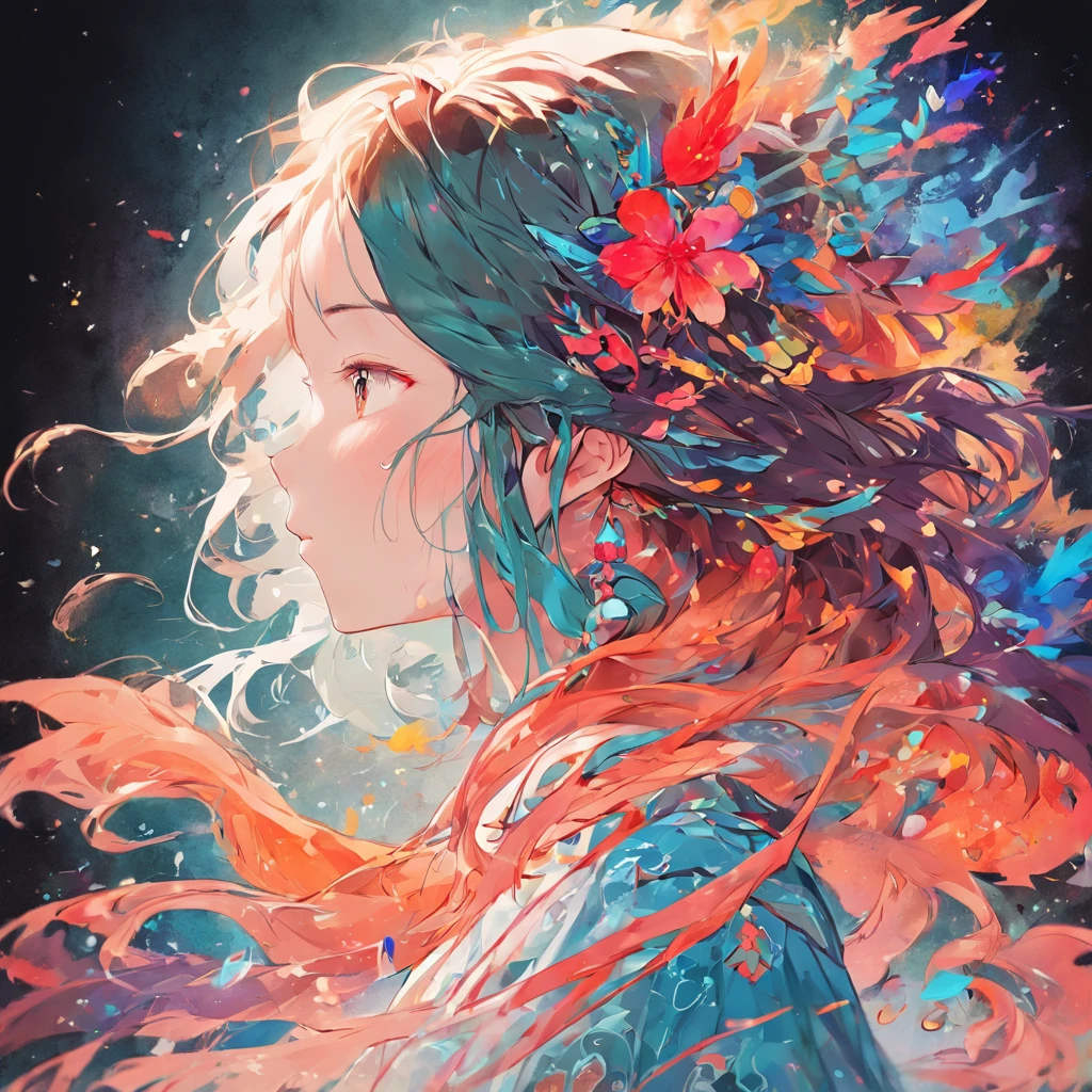(White background:1.4),(Silhouette of a girl's head, Eyes closed, Colorful long hair, Oriental elements),(Chinese Illustration:1.3,paper art:1.3, Quilted Paper Art:1.2),( Reasonable design, Clear lines, High Sharpness,Best Quality, Very detailed, masutepiece, Movie Light Effects, 4K )
