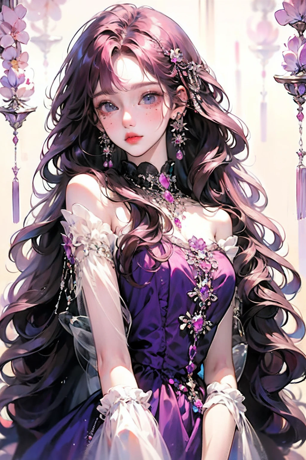 Anime girl sit posing for photo with long purple hair and earrings, an anime drawing inspired by Yanjun Cheng, Pisif, Fantasy art, purple flowing hair, Long curly purple hair, Guviz, a beautiful anime portrait, Guviz-style artwork, in the art style of bowater, Anime girl with long hair, purple wavy hair, Beautiful anime style