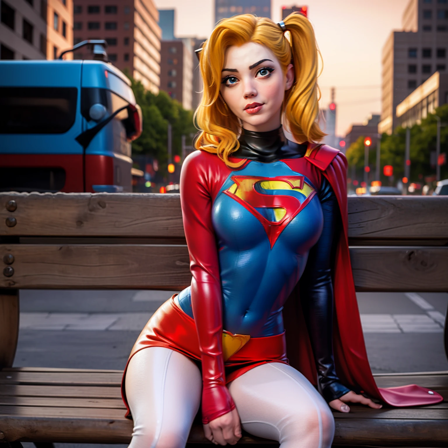 Super girl merge with Harley Quinn, sexy, sitting on bench, metropolitan background, sexy, alluring, sensual, multiple limbs