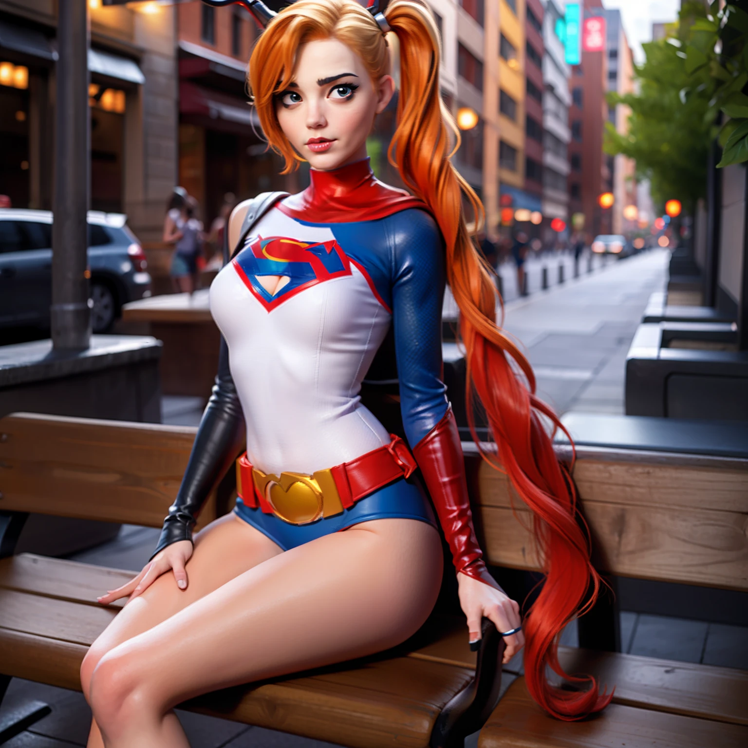 Super girl merge with Harley Quinn, sexy, sitting on bench, metropolitan background, sexy, alluring, sensual, multiple limbs